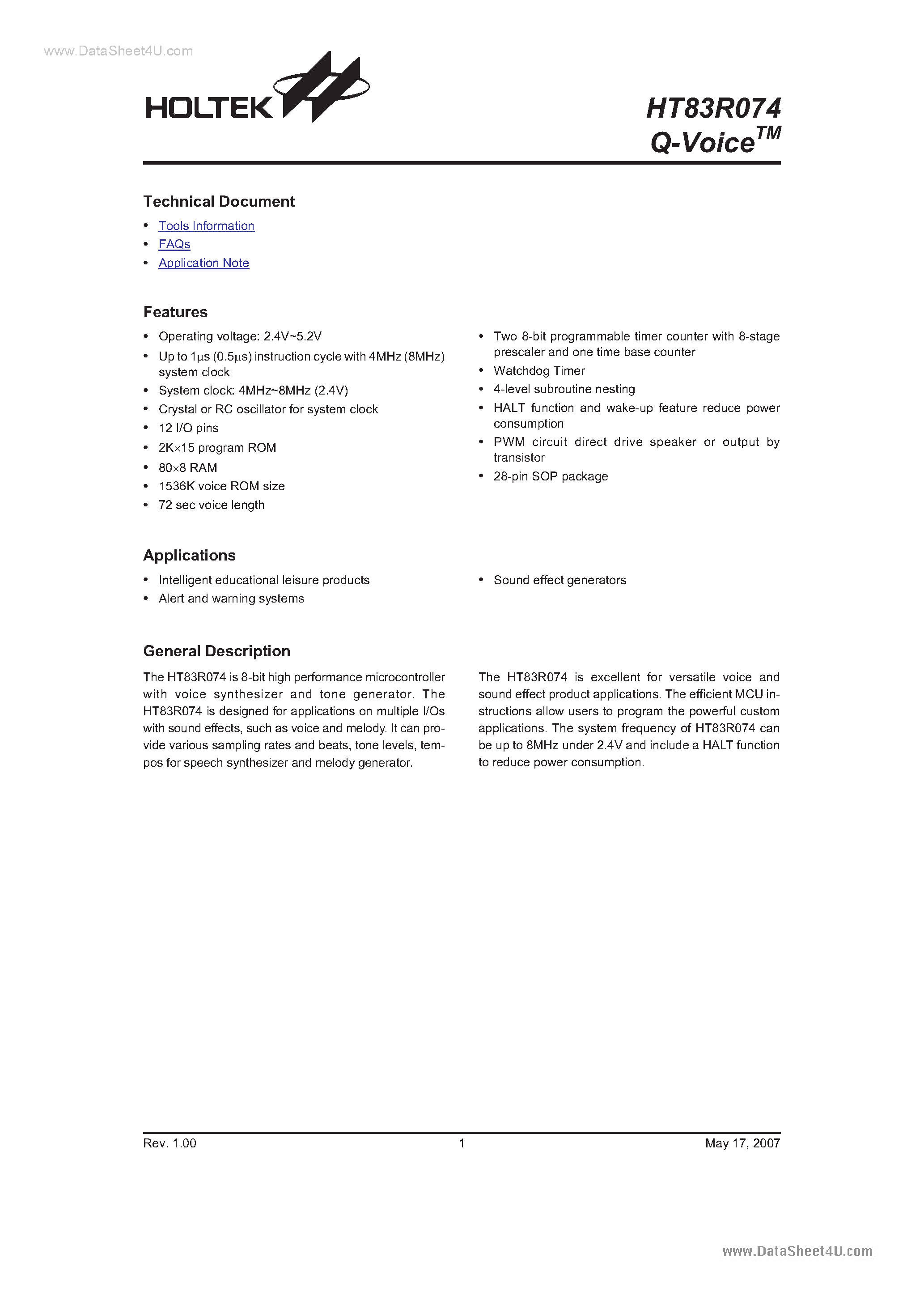 Даташит на микросхему HT83R074 страница 1 Даташит HT83R074 - Q-Voice страница 1