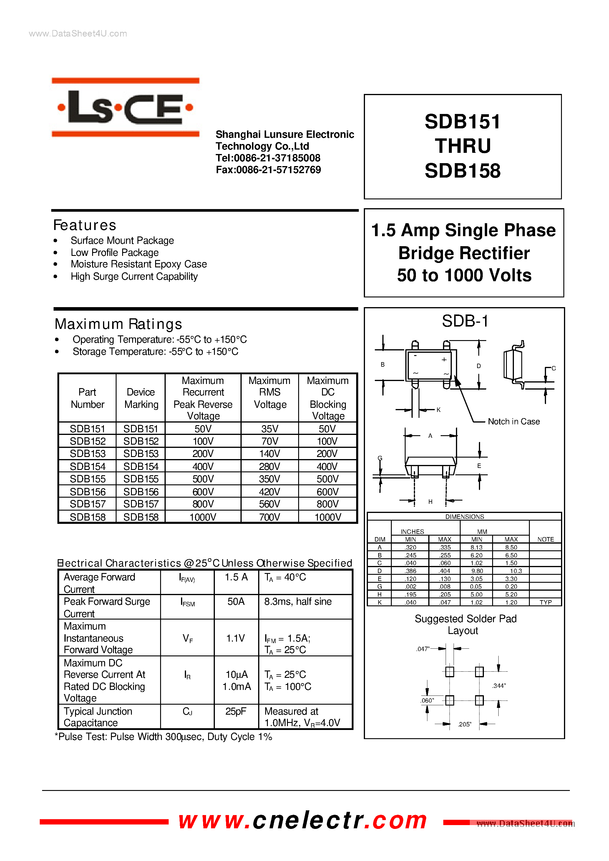 Datasheet SDB151 page 1 Datasheet SDB151 - (SDB151 - SDB158) 1.5A Single Phase Bridge Rectifier page 1