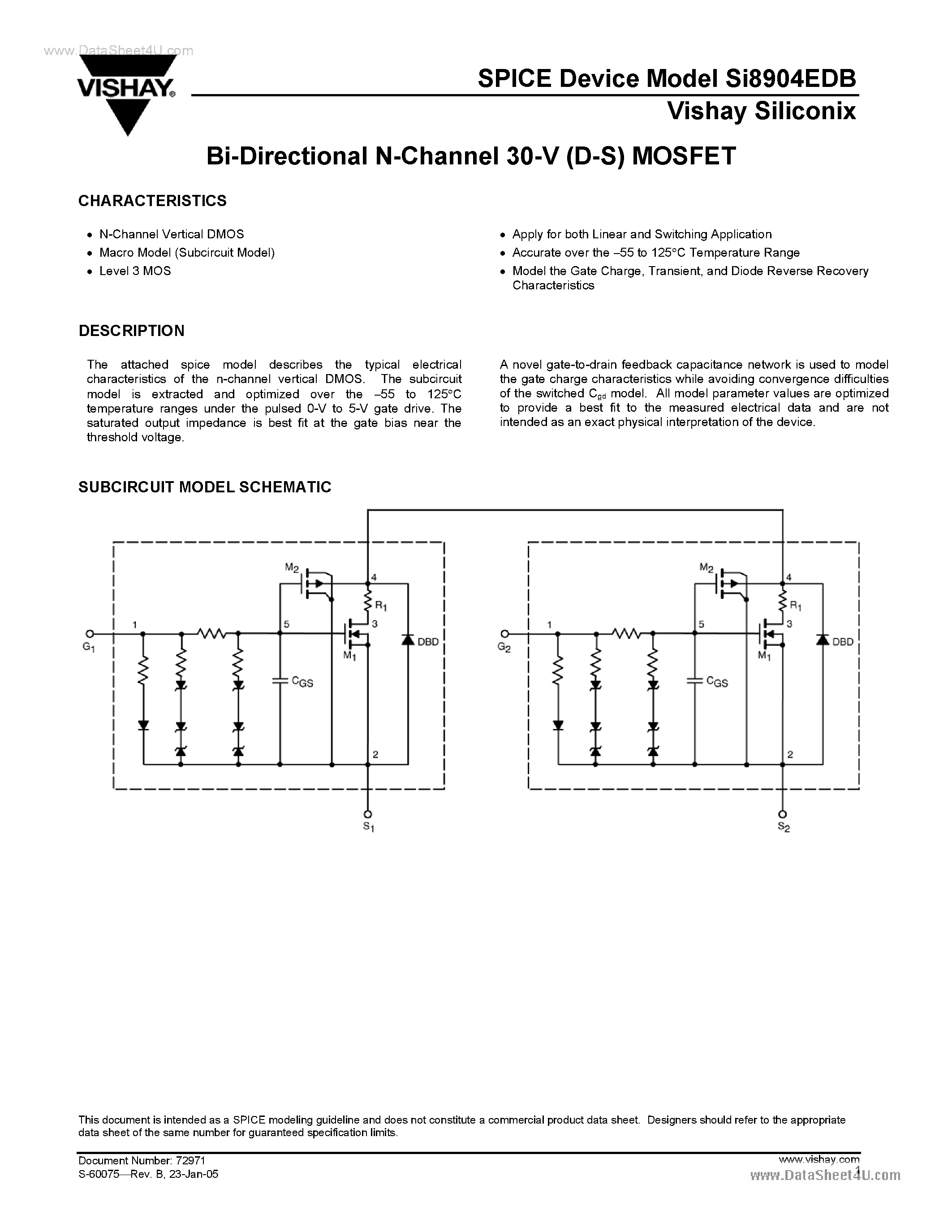 Даташит SI8904EDB - Bi-Directional N-Channel 30-V (D-S) MOSFET страница 1