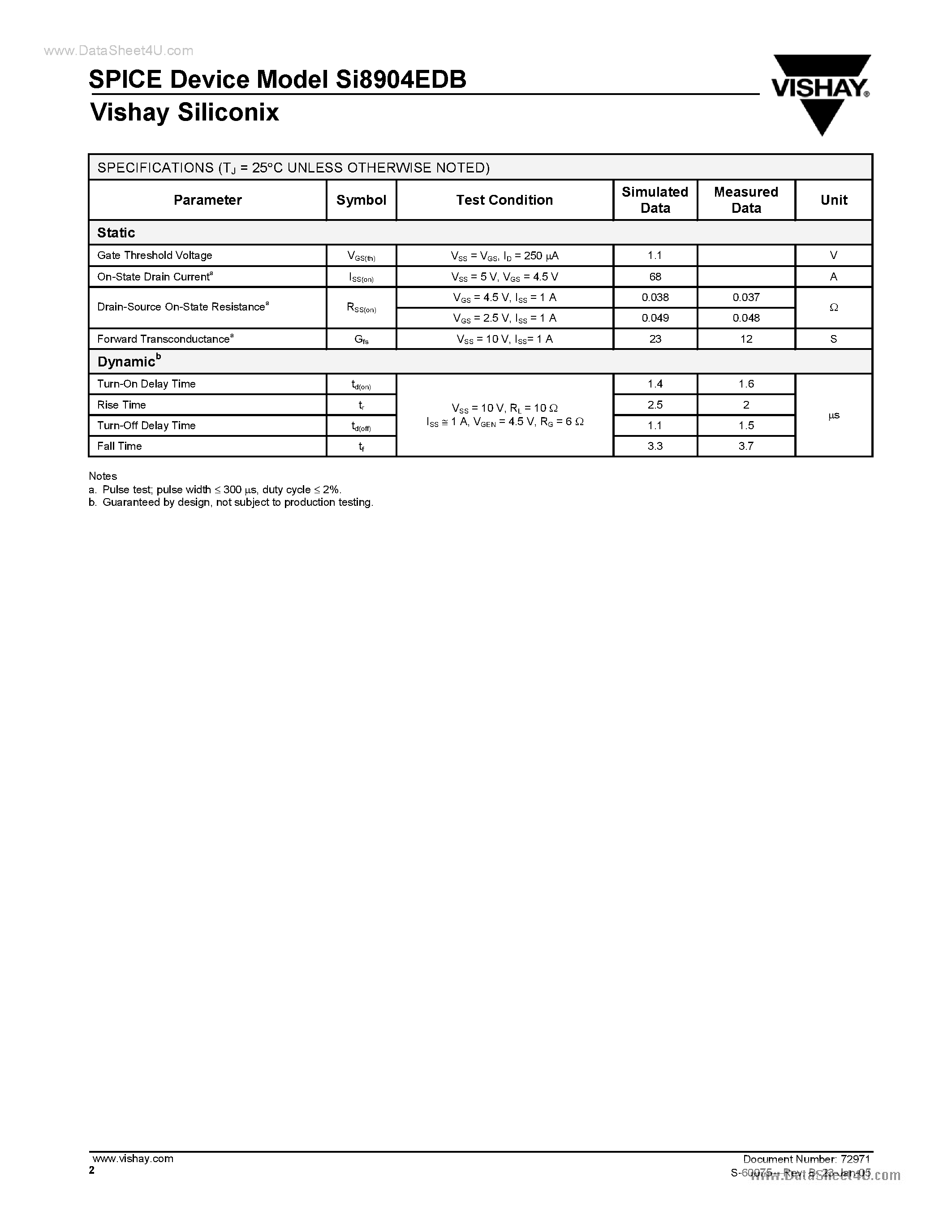 Даташит SI8904EDB - Bi-Directional N-Channel 30-V (D-S) MOSFET страница 2