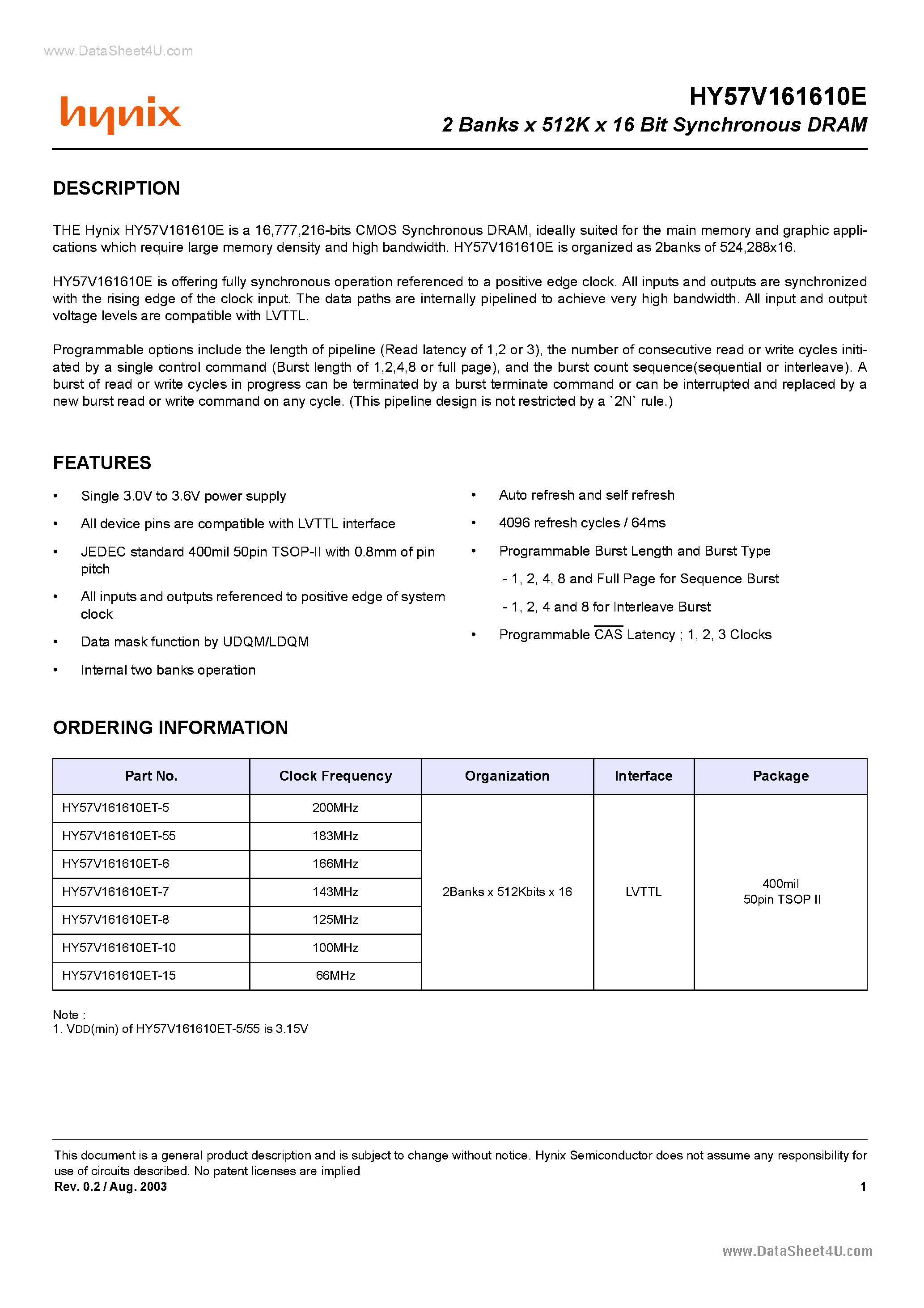 Datasheet HY57V161610E - 2 Banks x 512K x 16 Bit Synchronous DRAM page 1