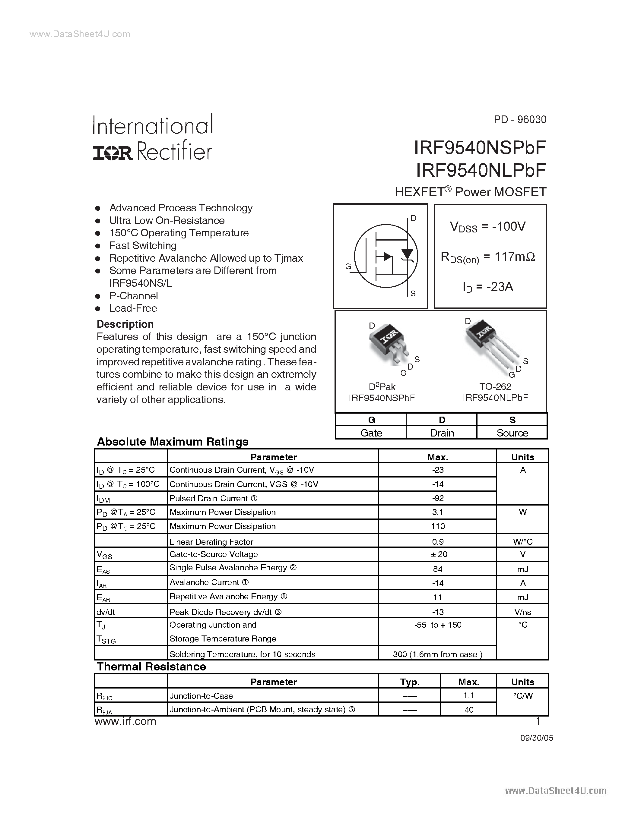 Datasheet IRF9540NLPBF - HEXFET POWER MOSFET page 1