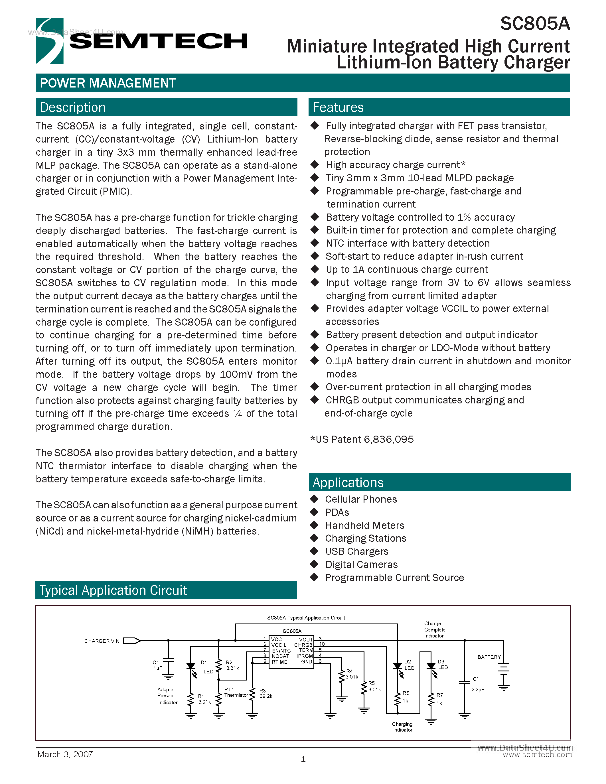 Datasheet SC805A - Miniature Integrated High Current Lithium-Ion Battery Charger page 1