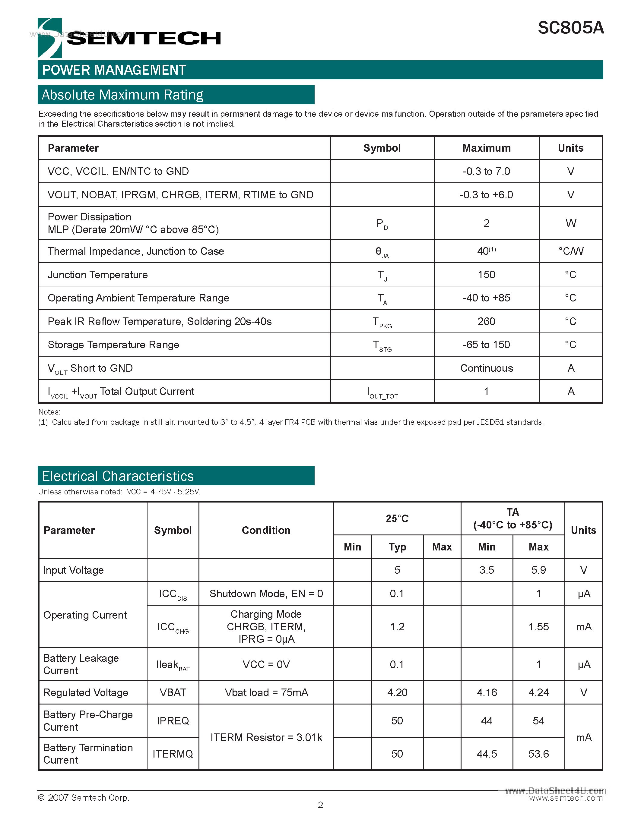 Datasheet SC805A - Miniature Integrated High Current Lithium-Ion Battery Charger page 2
