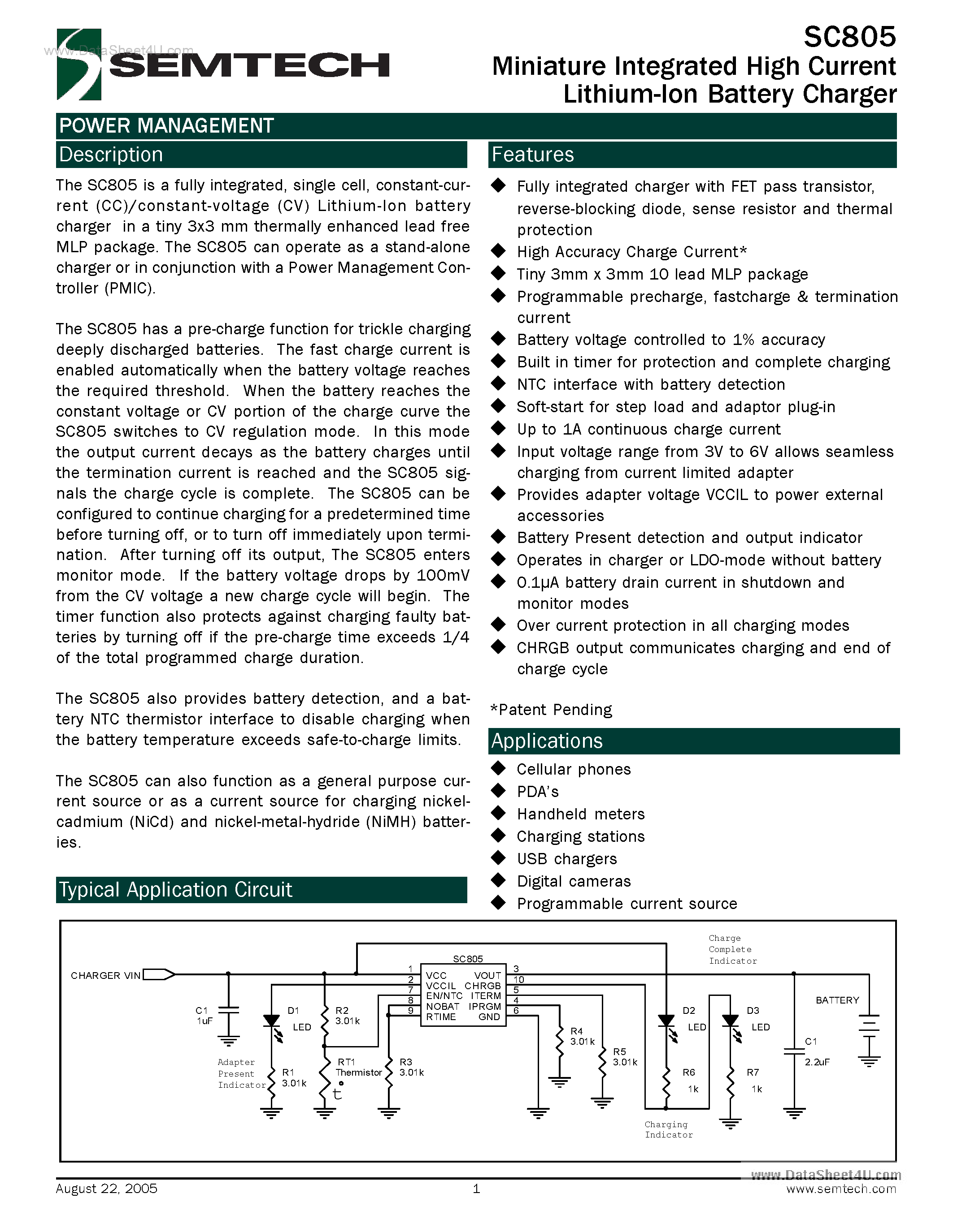 Datasheet SC805 - Miniature Integrated High Current Lithium-Ion Battery Charger page 1