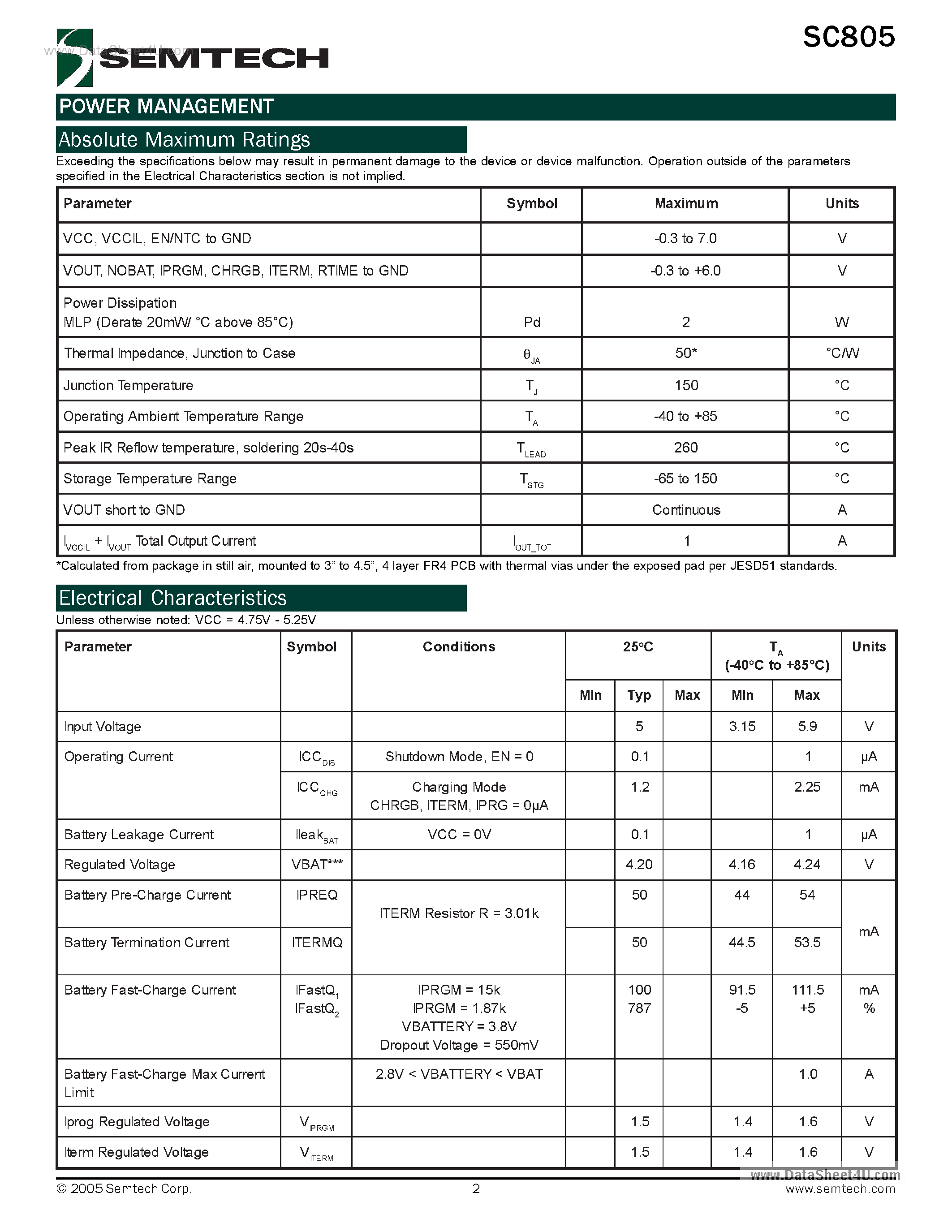 Datasheet SC805 - Miniature Integrated High Current Lithium-Ion Battery Charger page 2