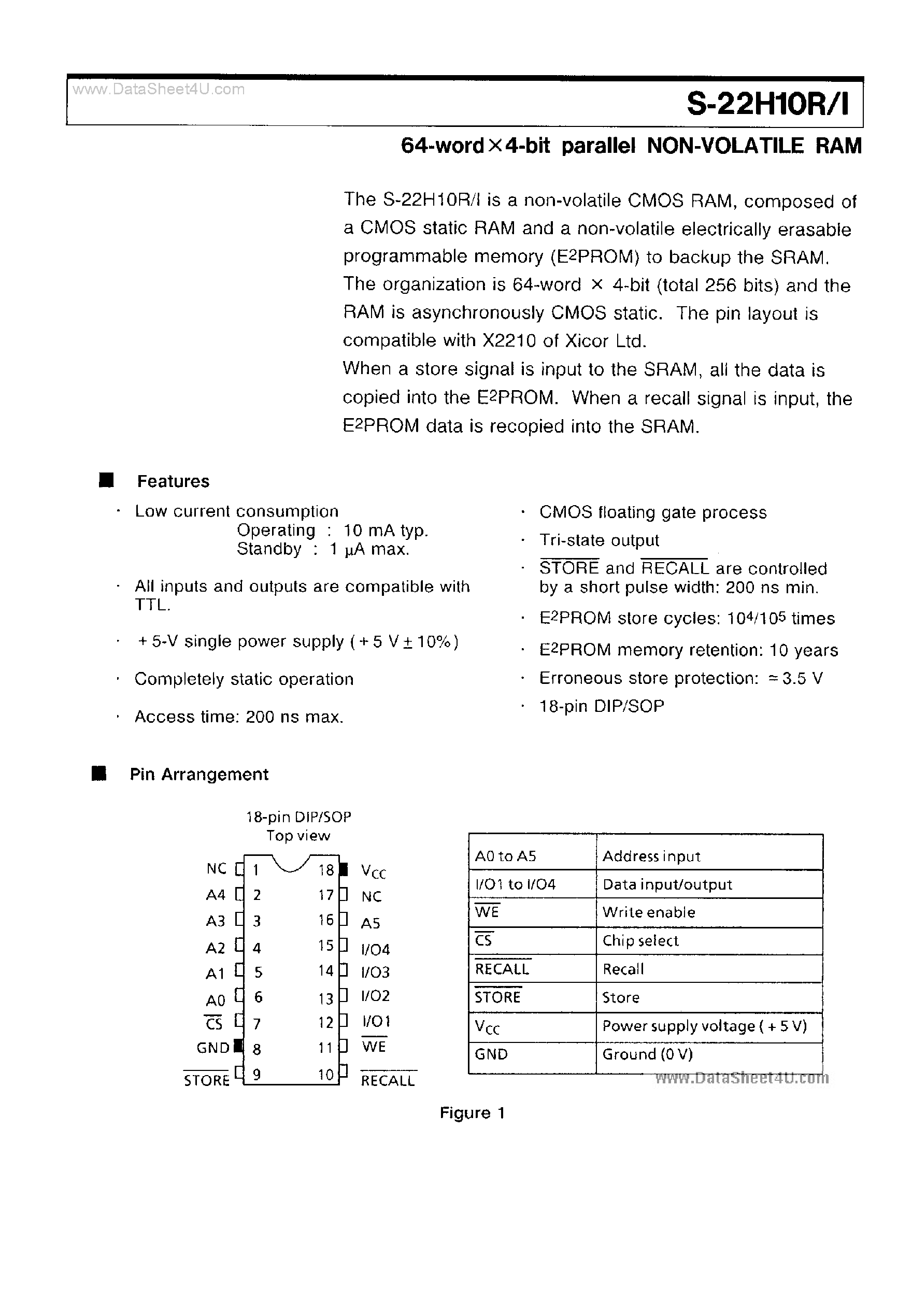 Datasheet S-22H10I page 1 Datasheet S-22H10I - (S2210R/I) 64 X 4-Bit Parallel NON-Volatile RAM page 1