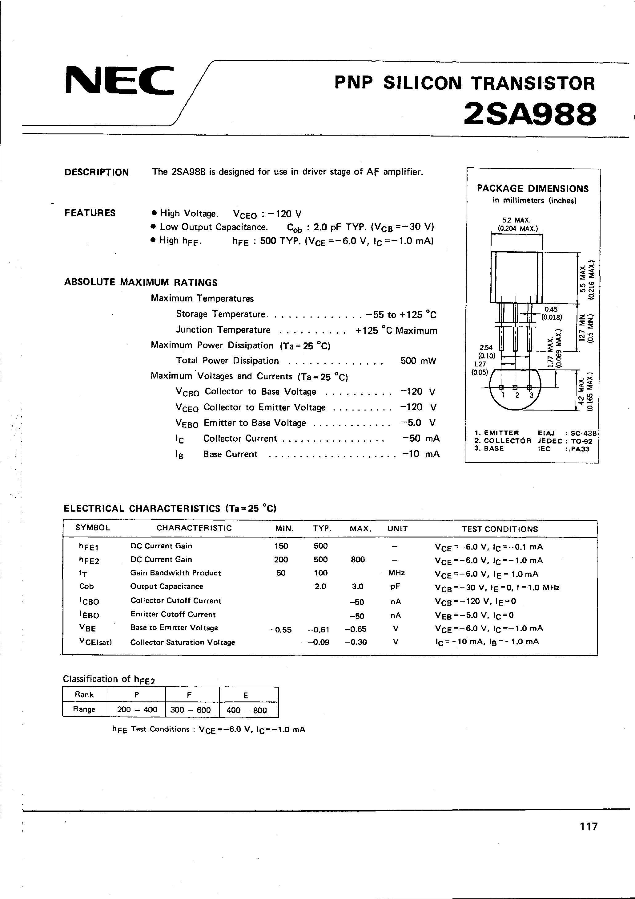 Даташит на микросхему 2SA988 страница 1 Даташит 2SA988 - PNP SILICON TRANSISTOR страница 1