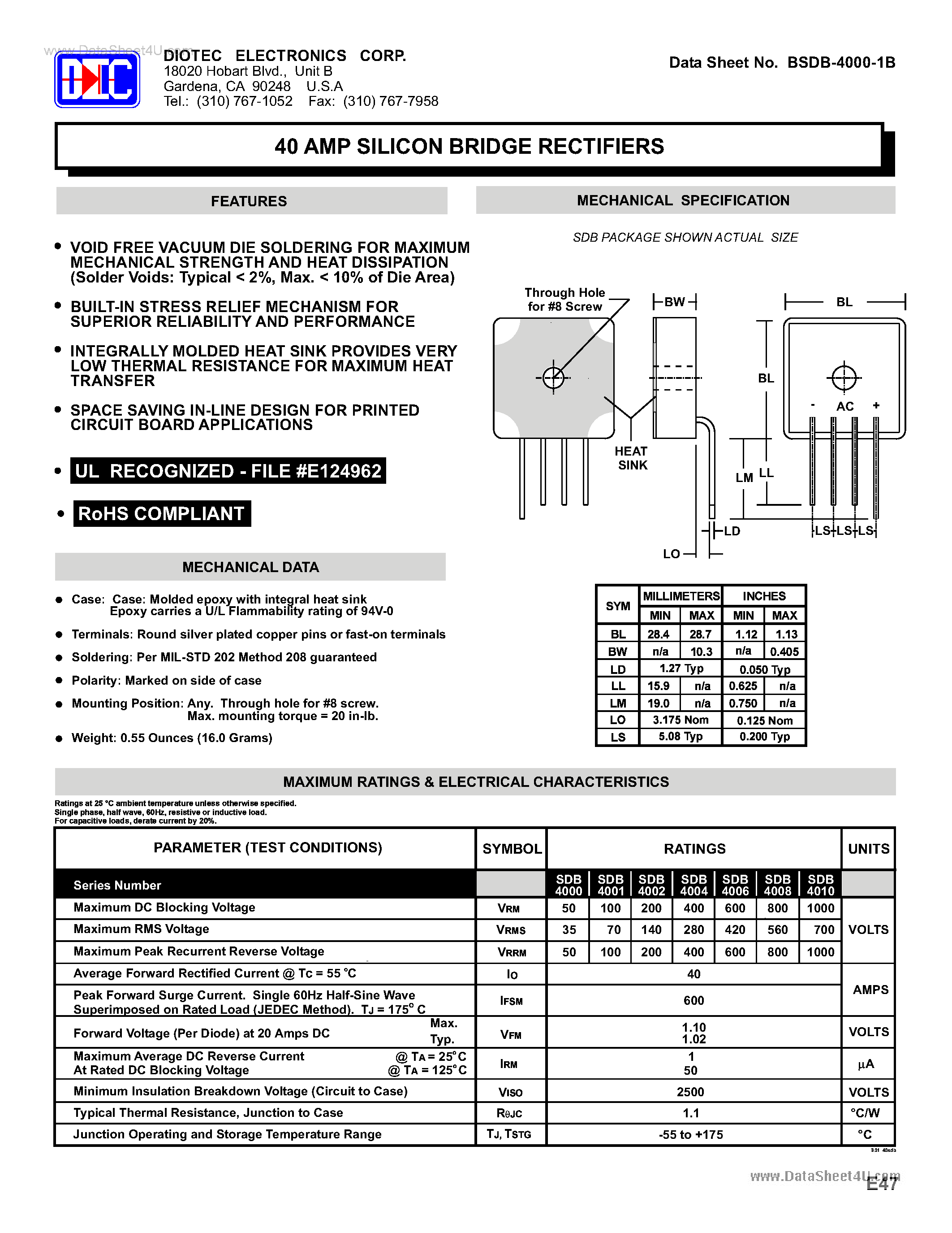 Datasheet SDB4000 - (SDB4000 - SDB4010) 40 AMP SILICON BRIDGE RECTIFIERS page 1