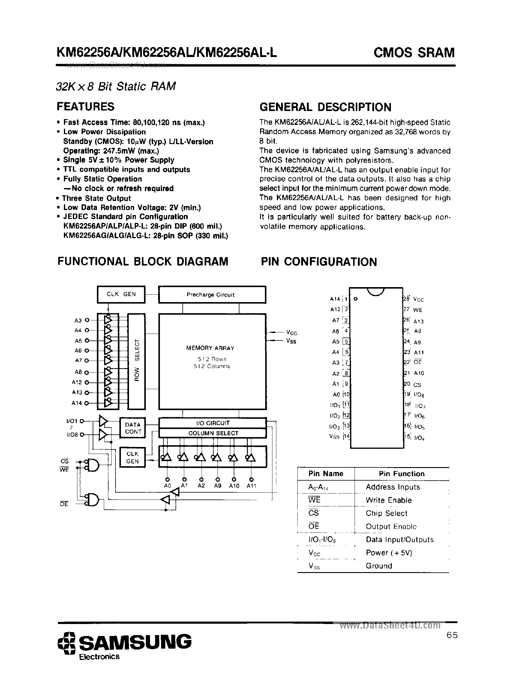 Даташит на микросхему KM62256A страница 1 Даташит KM62256A - 32K X 8-Bit Static RAM страница 1
