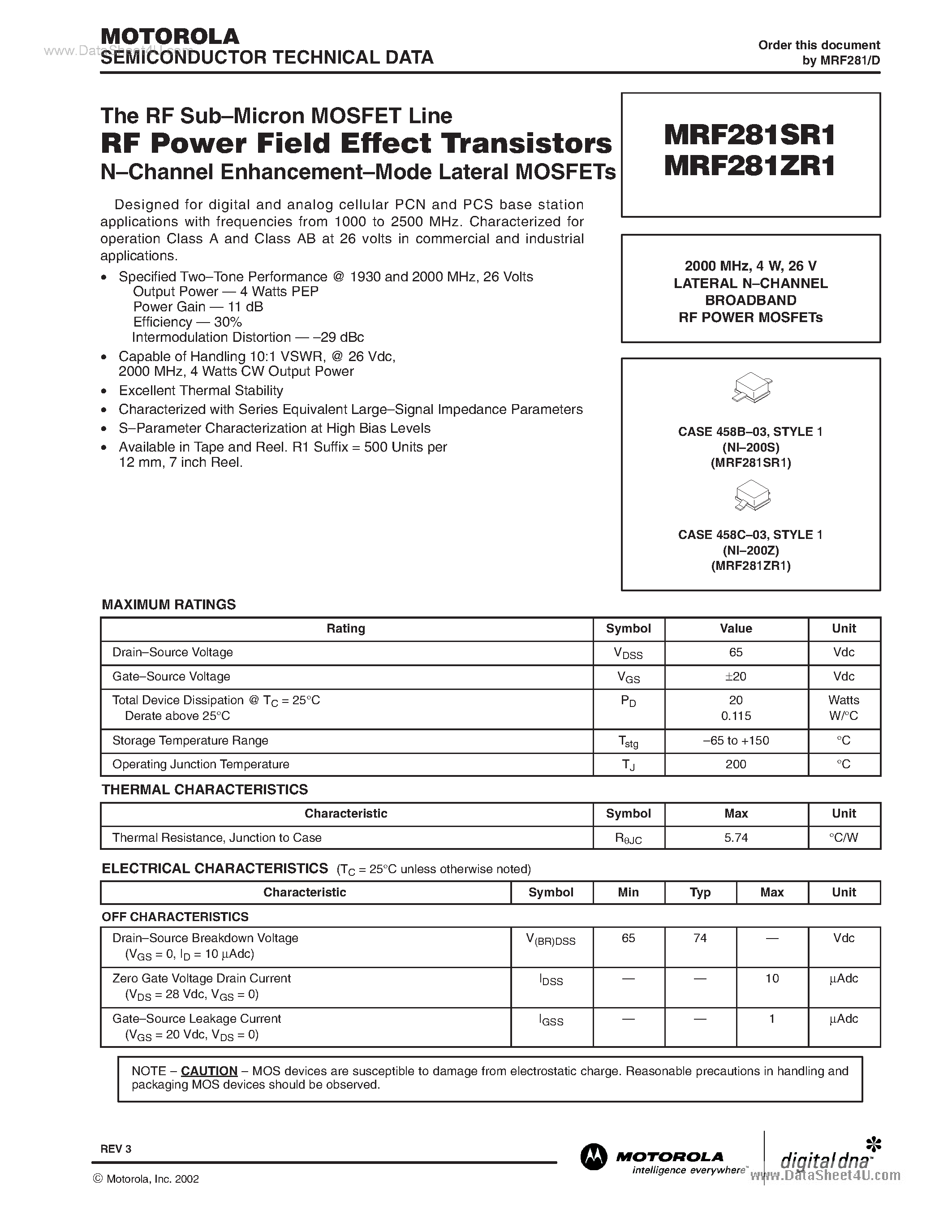 Даташит MRF281SR1 - RF POWER FIELD EFFECT TRANSISTORS страница 1