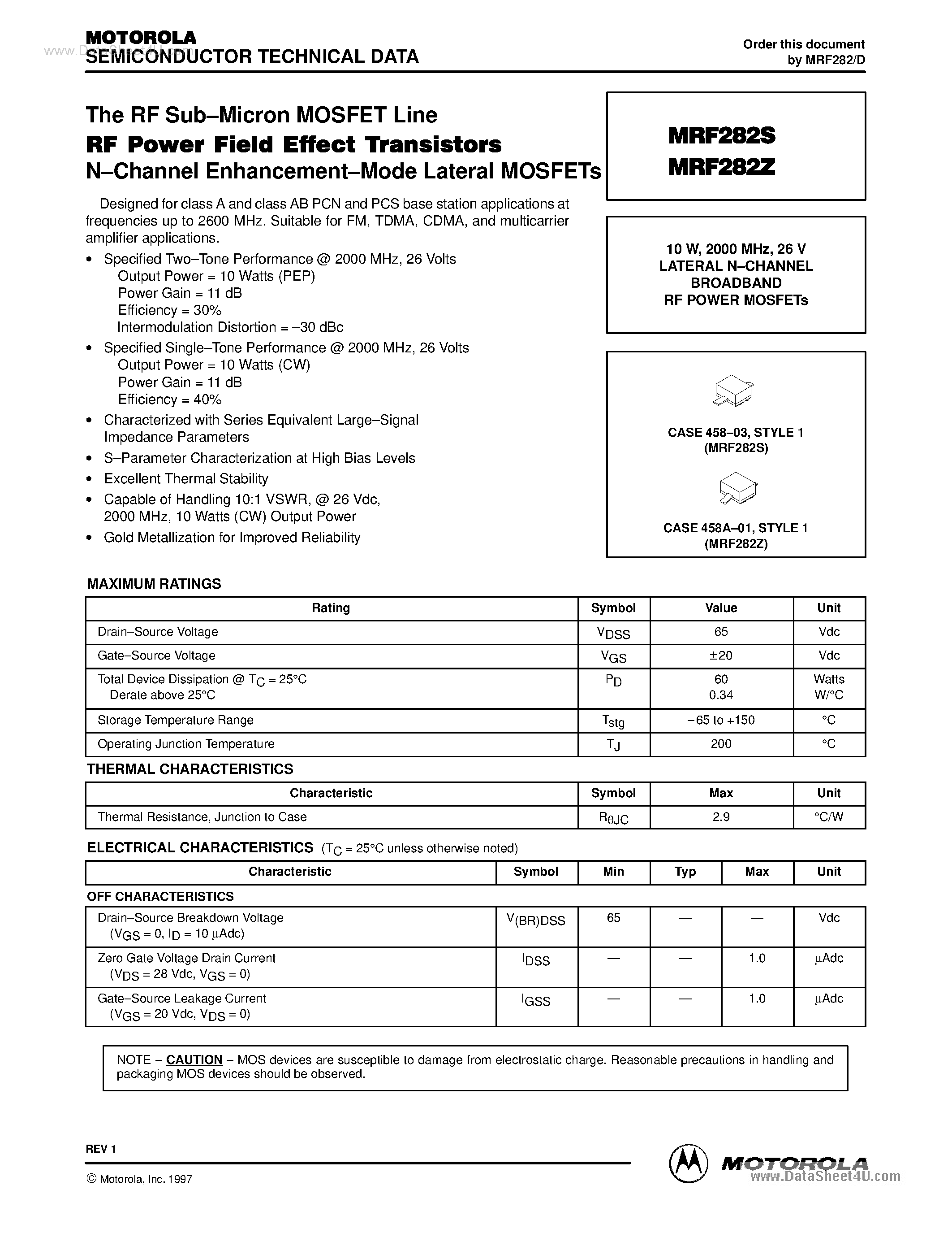 Datasheet MRF282S - LATERAL N-CHANNEL BROADBAND RF POWER MOSFETs page 1