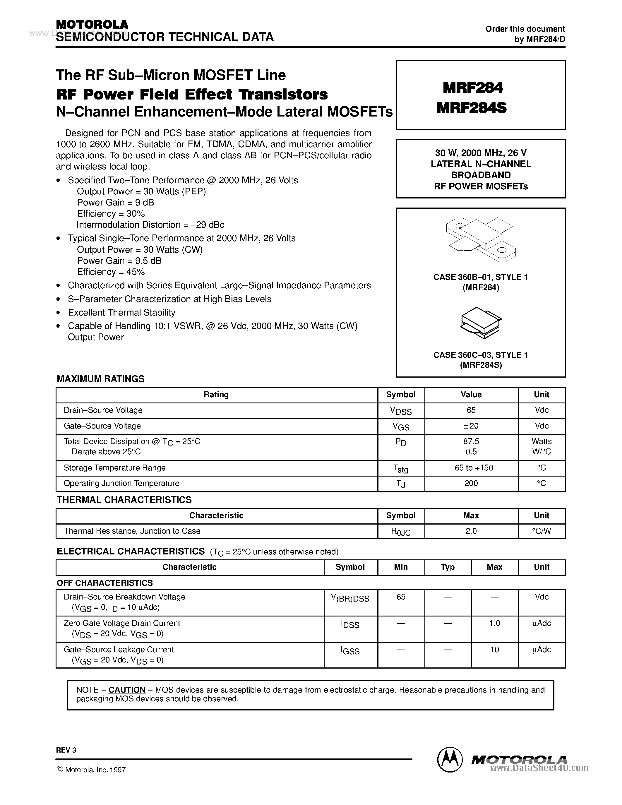 Datasheet MRF284 page 1 Datasheet MRF284 - RF Power Field-Effect Transistors page 1