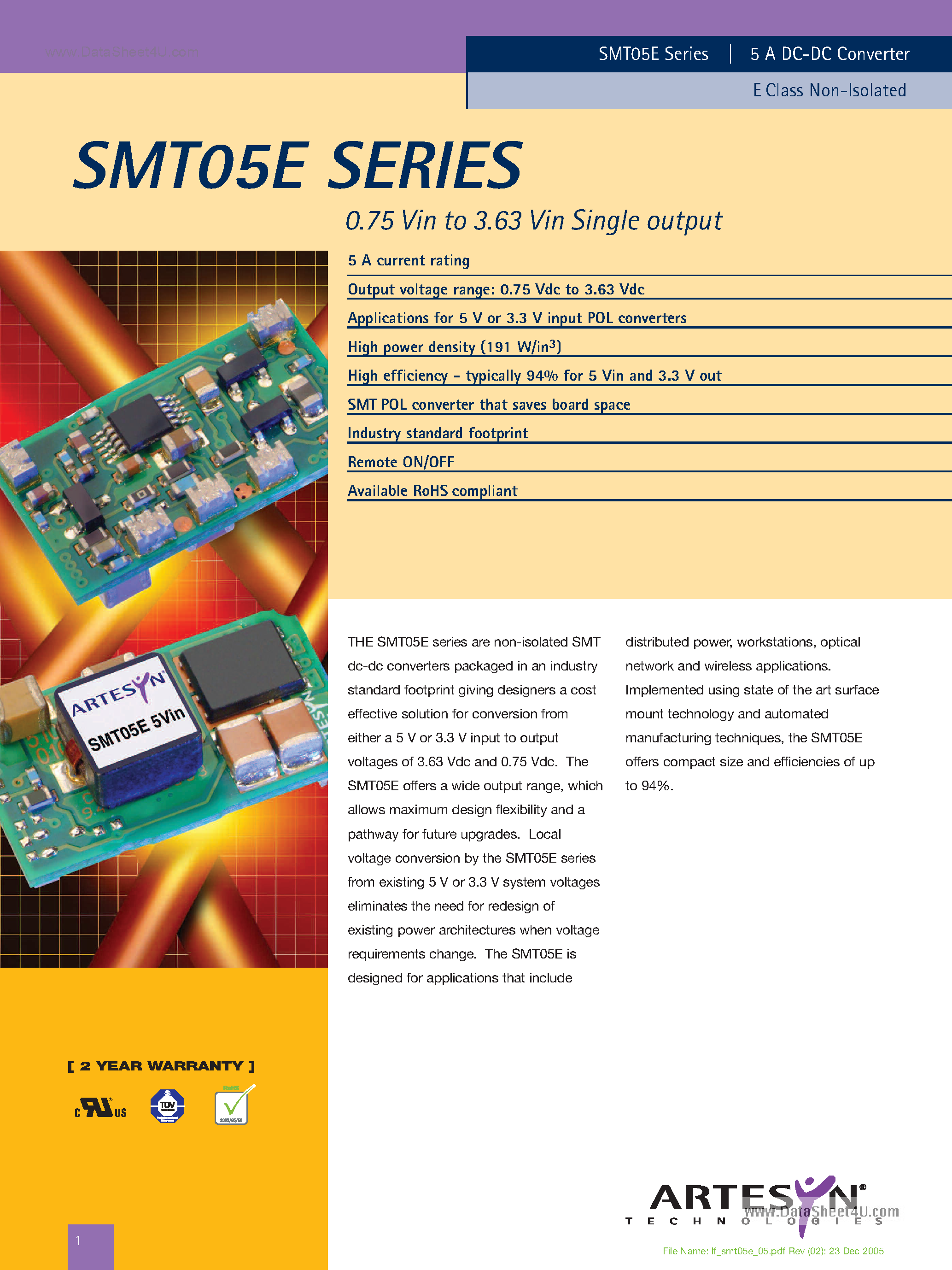 Datasheet SMT05E - 0.75 Vin to 3.63 Vin Single output page 1