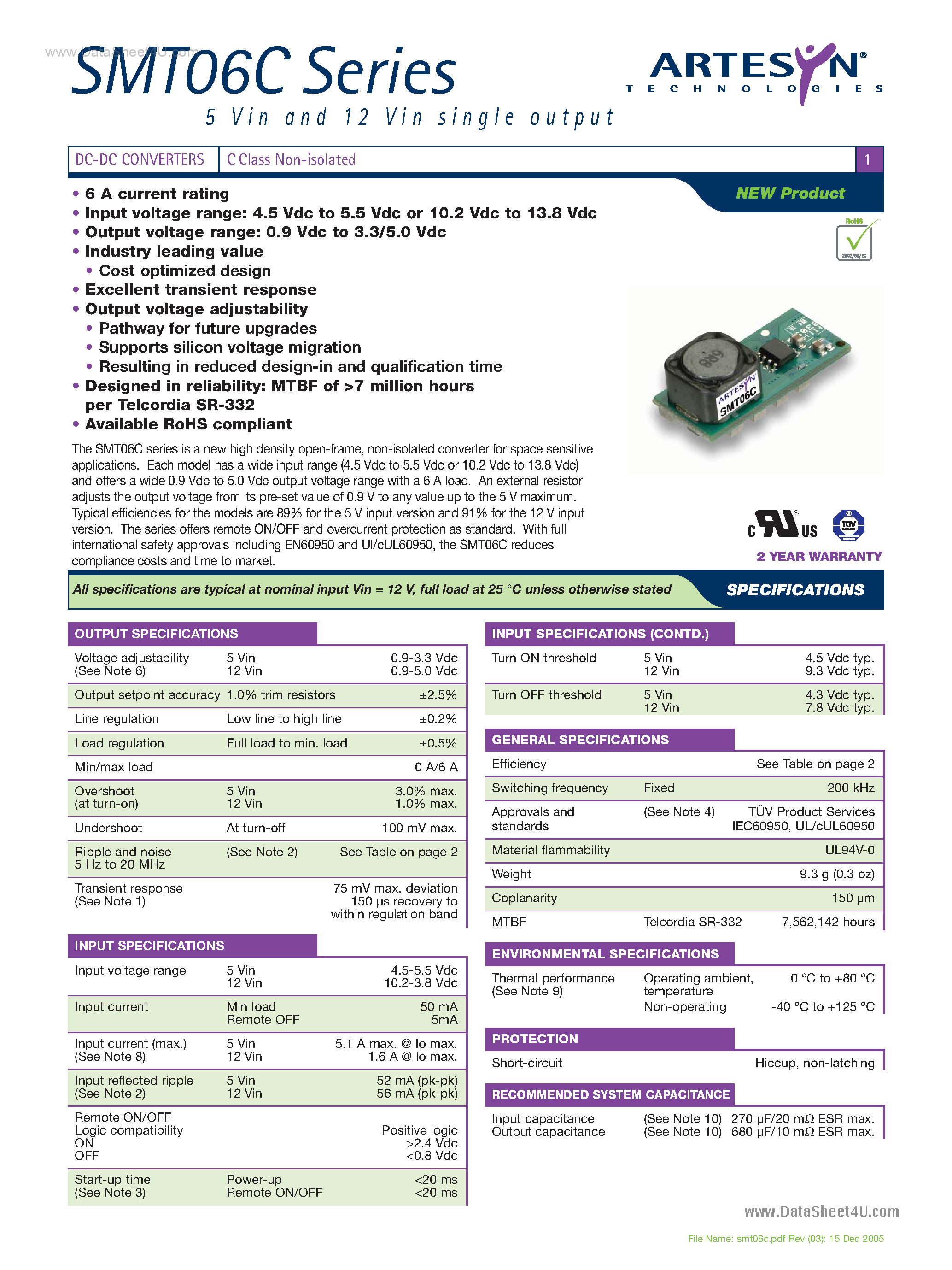 Datasheet SMT06C - DC-DC CONVERTERS C Class Non-isolated page 1
