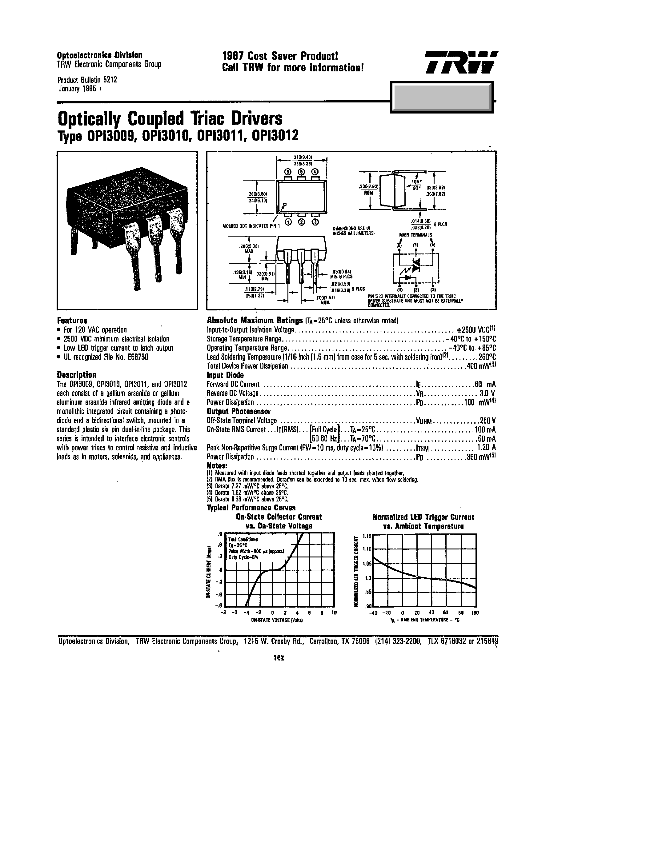 Datasheet OPI3009 - (OPI3009 - OPI3012) Optically Coupled Triac Drivers page 1