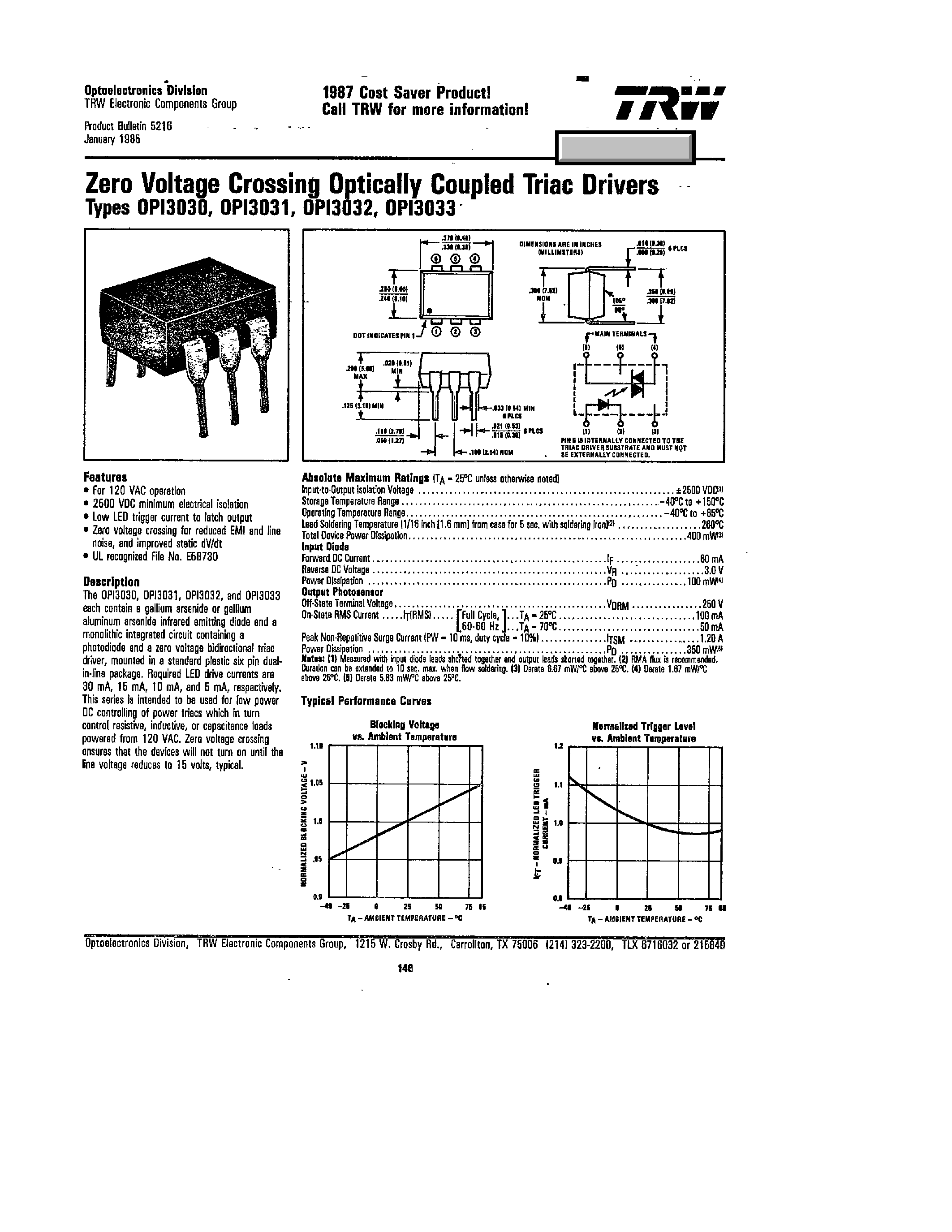Datasheet OPI3030 - (OPI3030 - OPI3033) ZERO VOLTAGE CROSSING OPTICALLY COUPLED TRIAC DRIVERS page 1