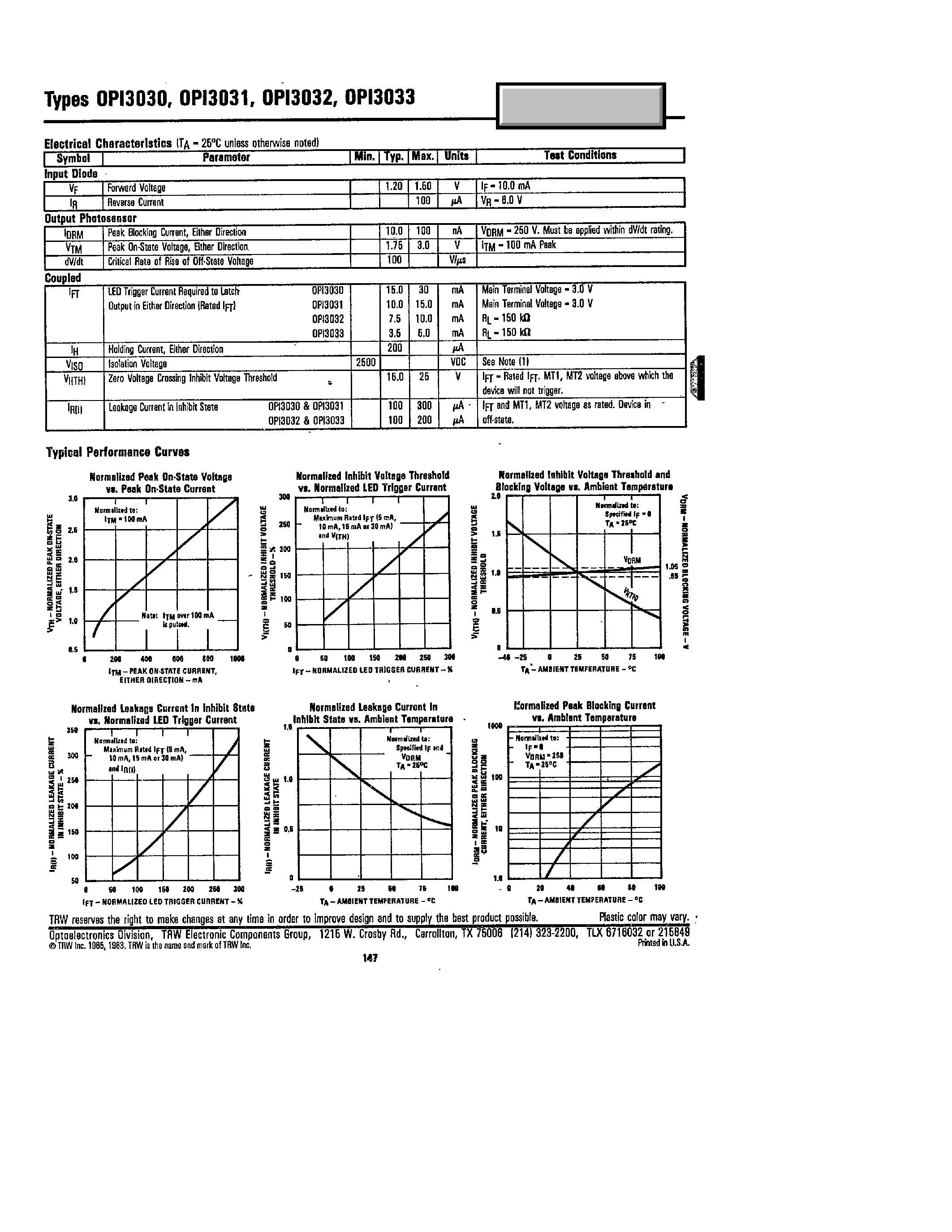Datasheet OPI3030 - (OPI3030 - OPI3033) ZERO VOLTAGE CROSSING OPTICALLY COUPLED TRIAC DRIVERS page 2