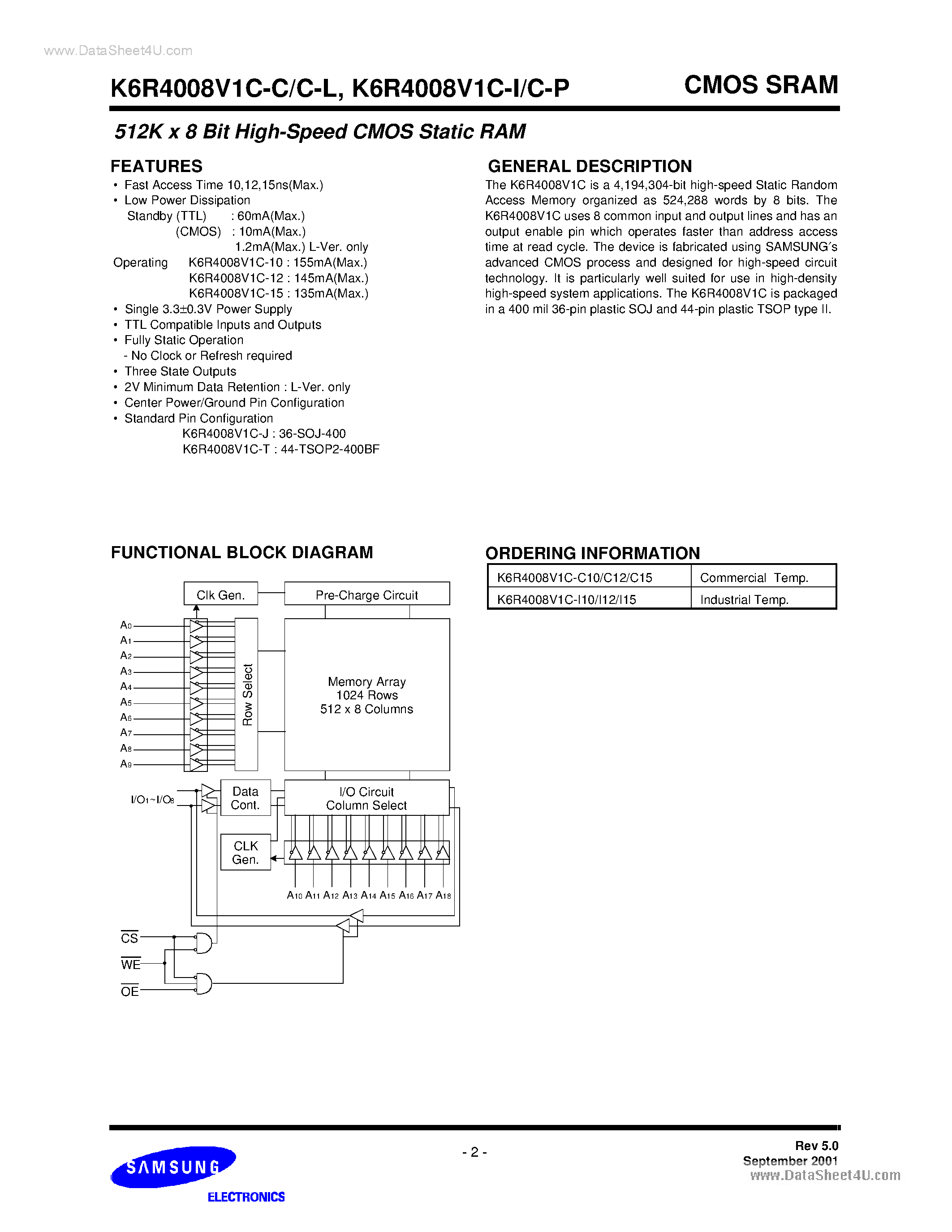 Даташит на микросхему K6R4008V1C страница 2 Даташит K6R4008V1C - 512Kx8 Bit High Speed Static страница 2