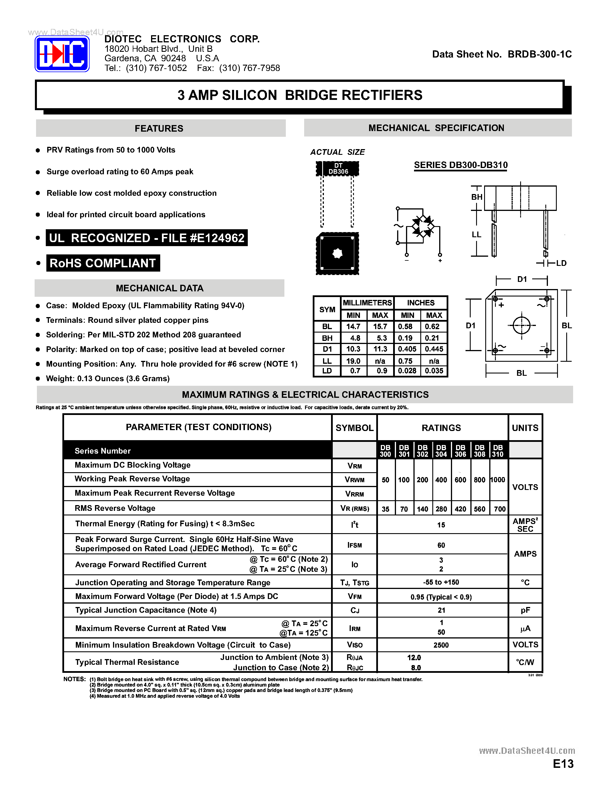 Datasheet DB300 - (DB300 - DB310) 3 AMP SILICON BRIDGE RECTIFIERS page 1