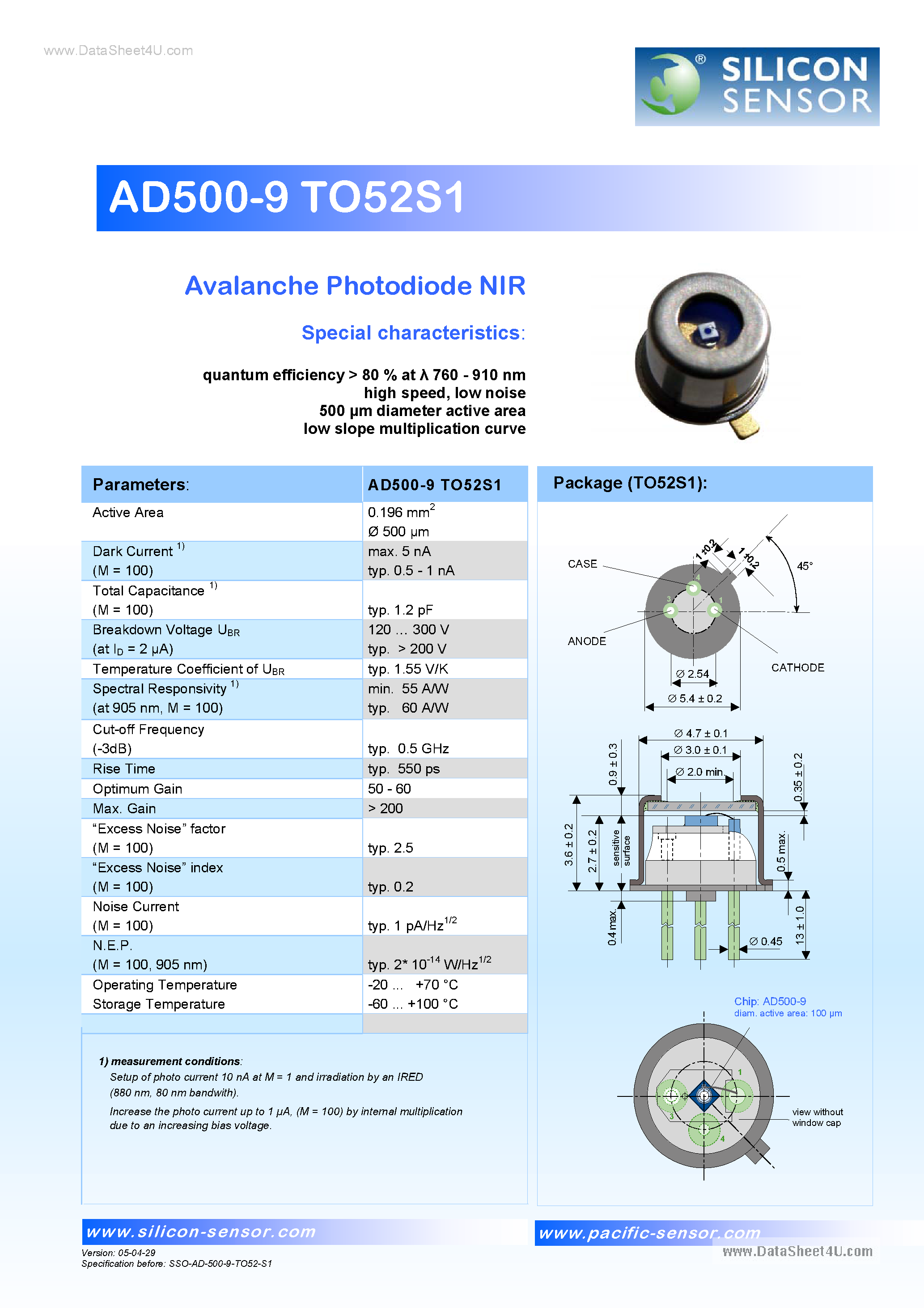 Datasheet AD500-9 - Avalanche Photodiode NIR page 1