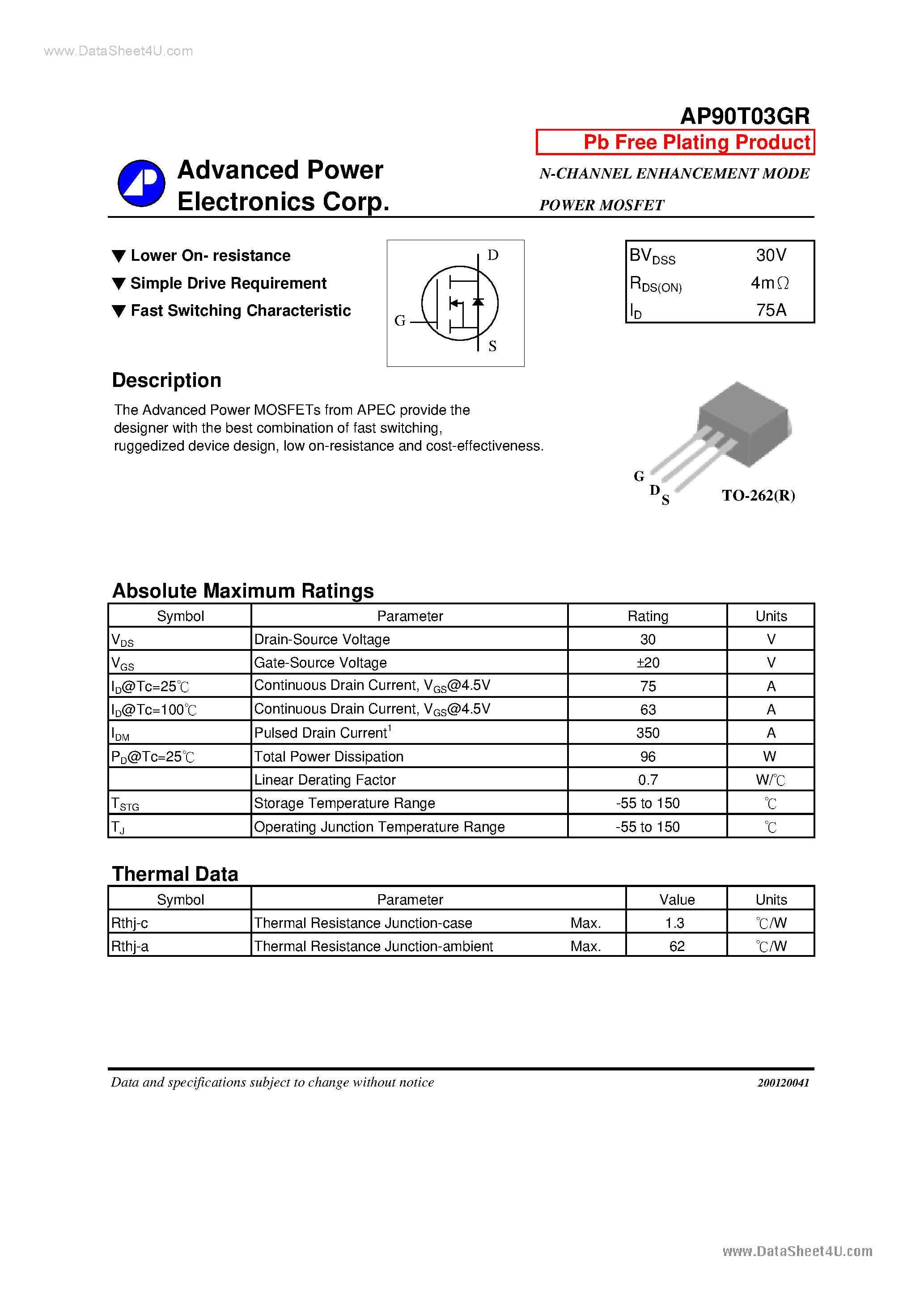 Datasheet AP90T03GR - N-CHANNEL ENHANCEMENT MODE POWER MOSFET page 1