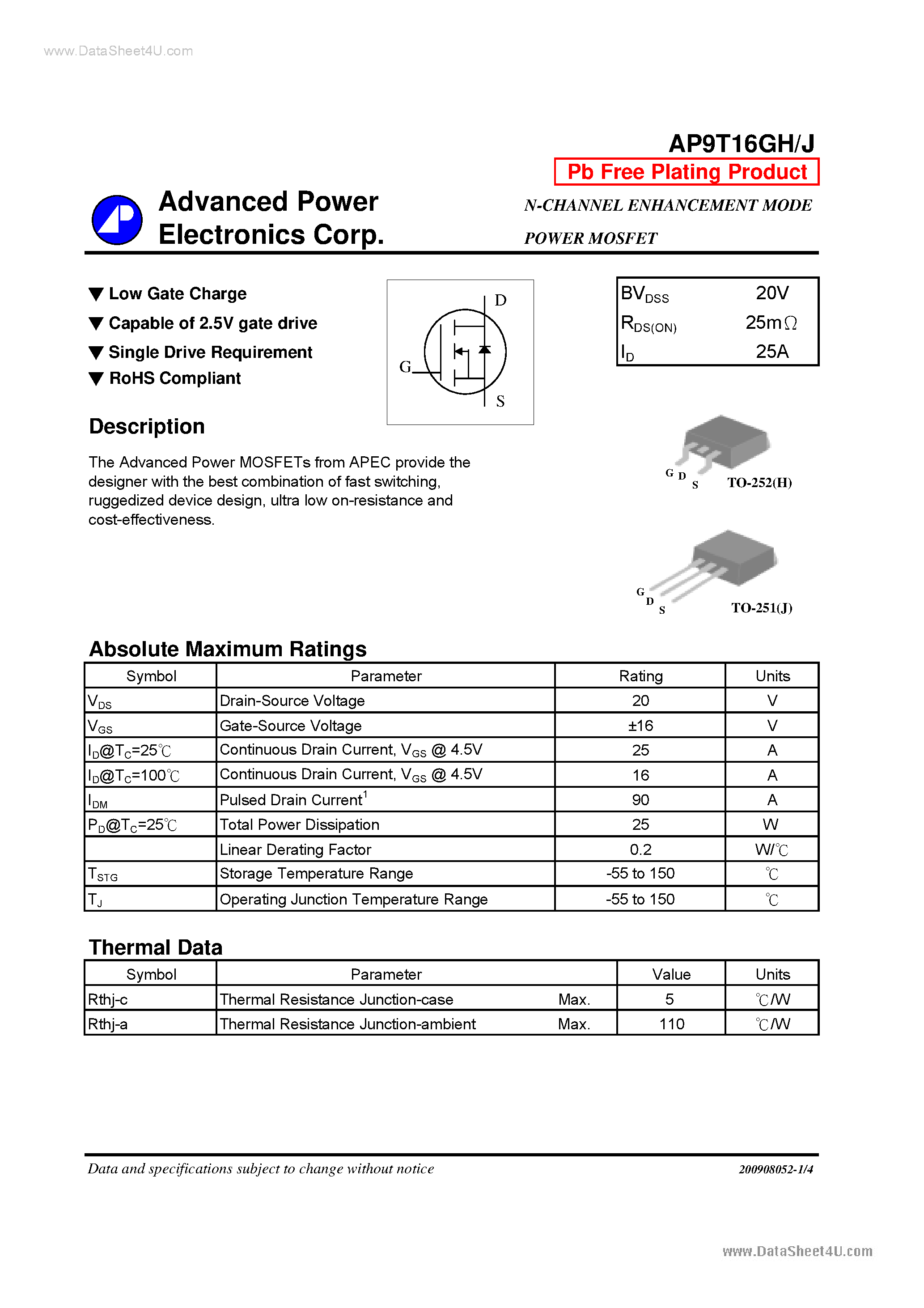 Datasheet AP9T16GH - N-CHANNEL ENHANCEMENT MODE POWER MOSFET page 1