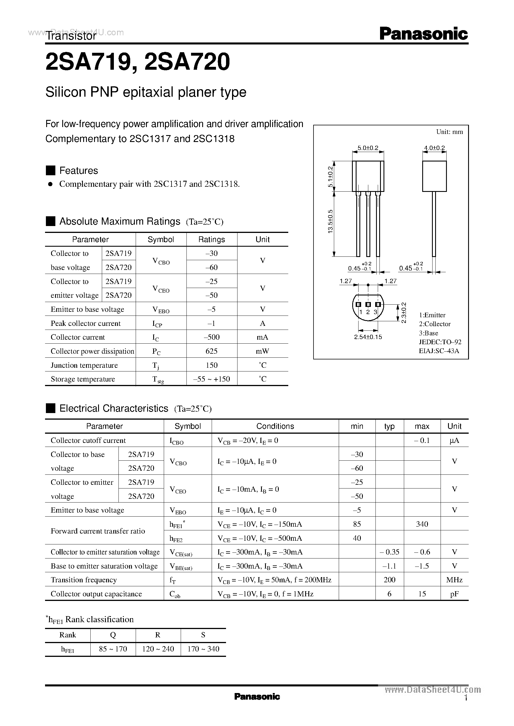 Datasheet A720 page 1 Datasheet A720 - Search -----> 2SA720 page 1