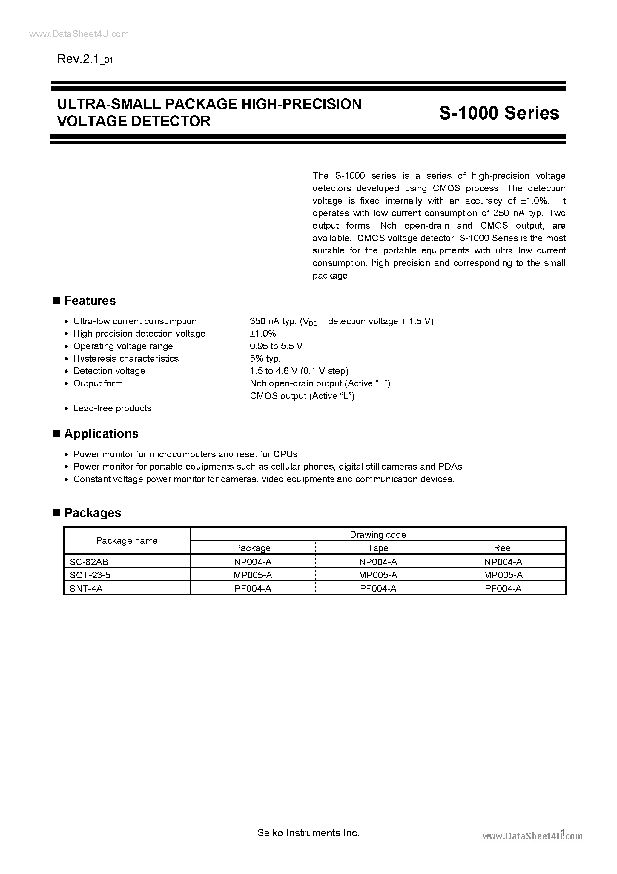 Datasheet S-1000 - Ultra Small Package High Precision Voltage Detector page 1