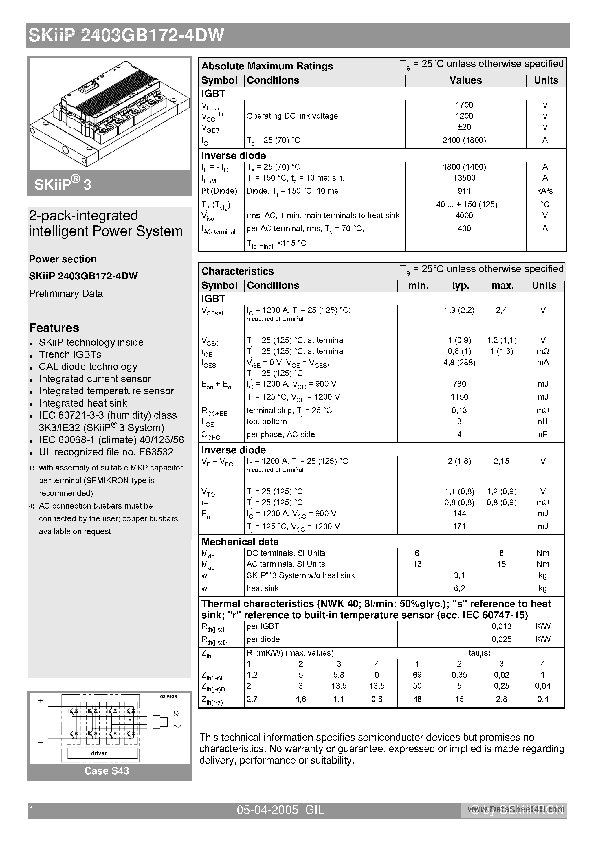 Datasheet SKIIP2403GB172-4DW page 1 Datasheet SKIIP2403GB172-4DW - 2-pack-integrated intelligent Power System page 1