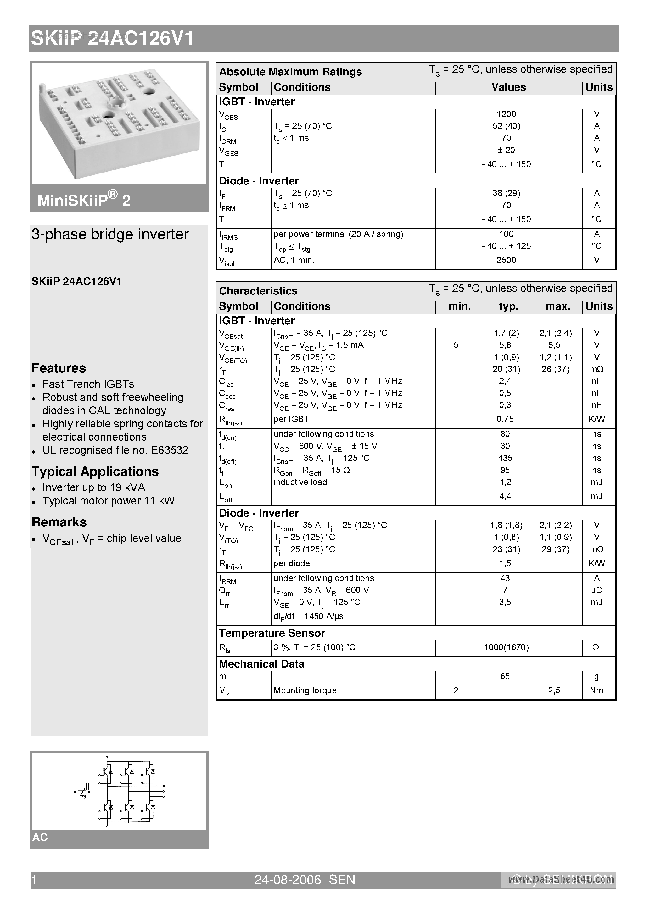 Datasheet SKIIP24AC126V1 - 3-phase bridge inverter page 1