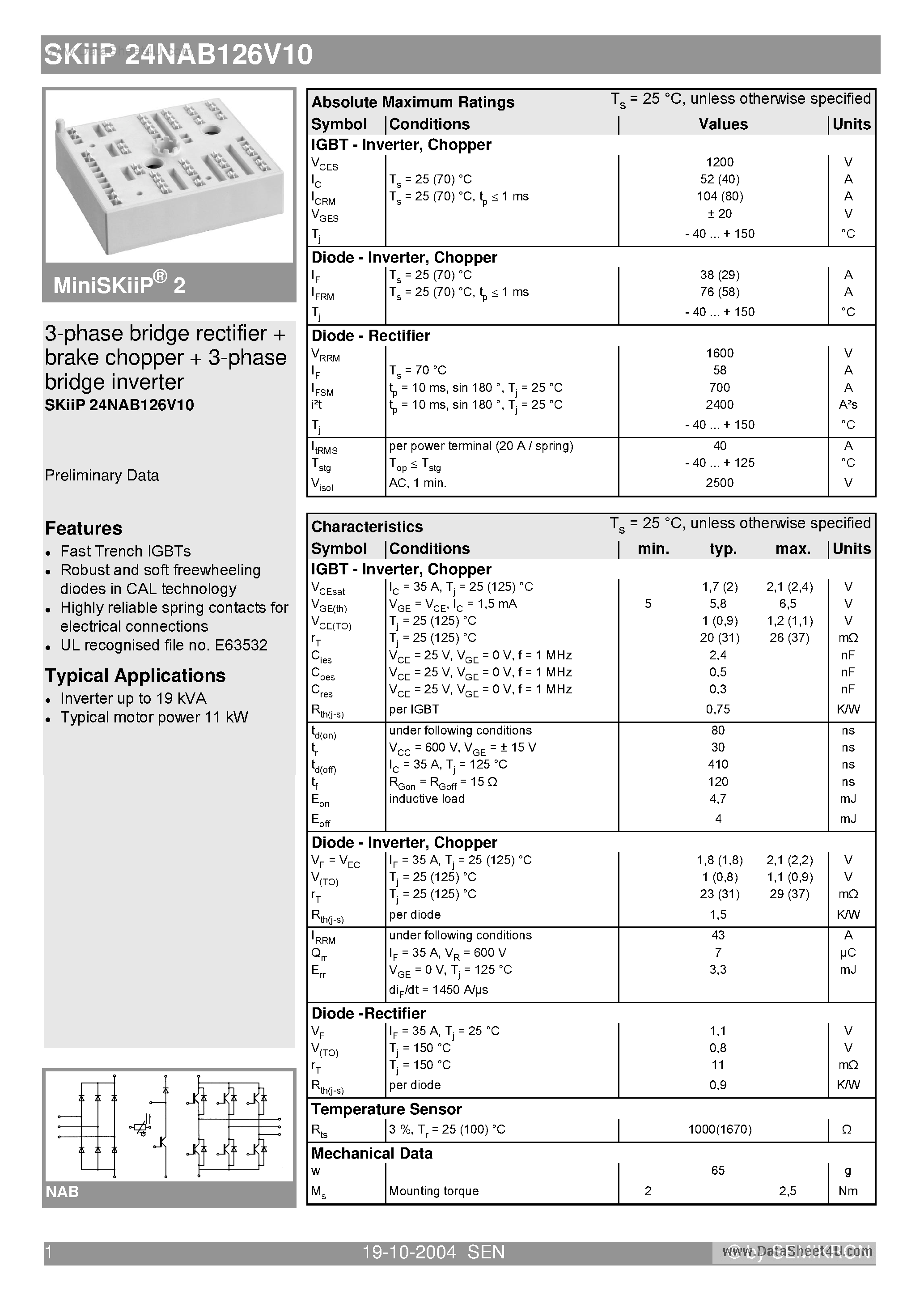 Datasheet SKIIP24NAB126V10 - 3-phase bridge rectifier brake chopper 3-phase bridge inverter page 1