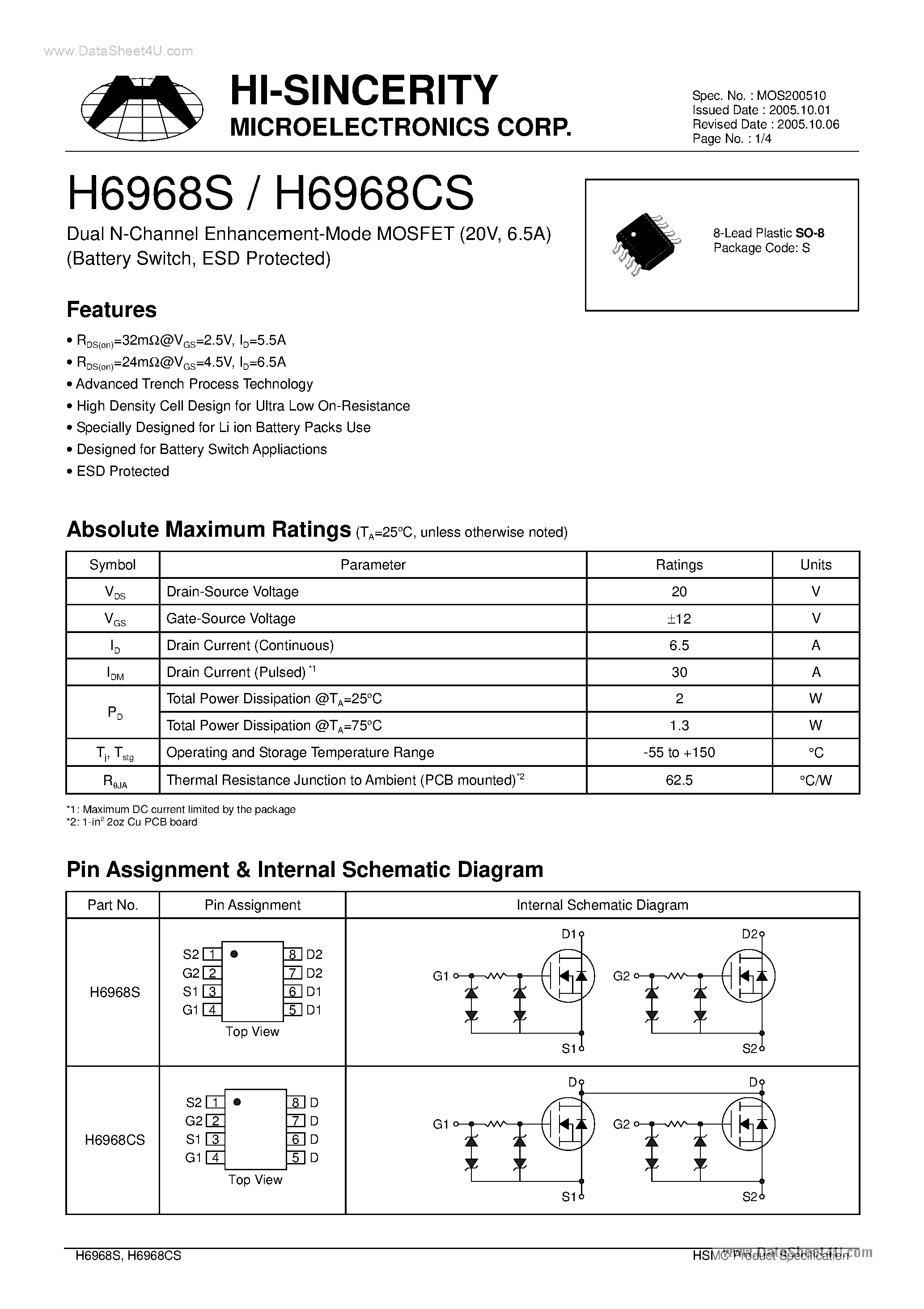 Datasheet H6968CS page 1 Datasheet H6968CS - Dual N-Channel Enhancement-Mode MOSFET page 1