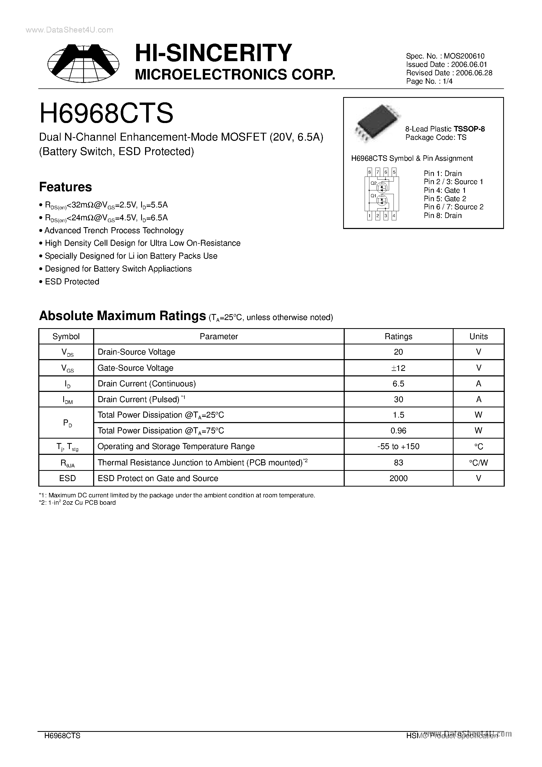 Datasheet H6968CTS - Dual N-Channel Enhancement-Mode MOSFET page 1
