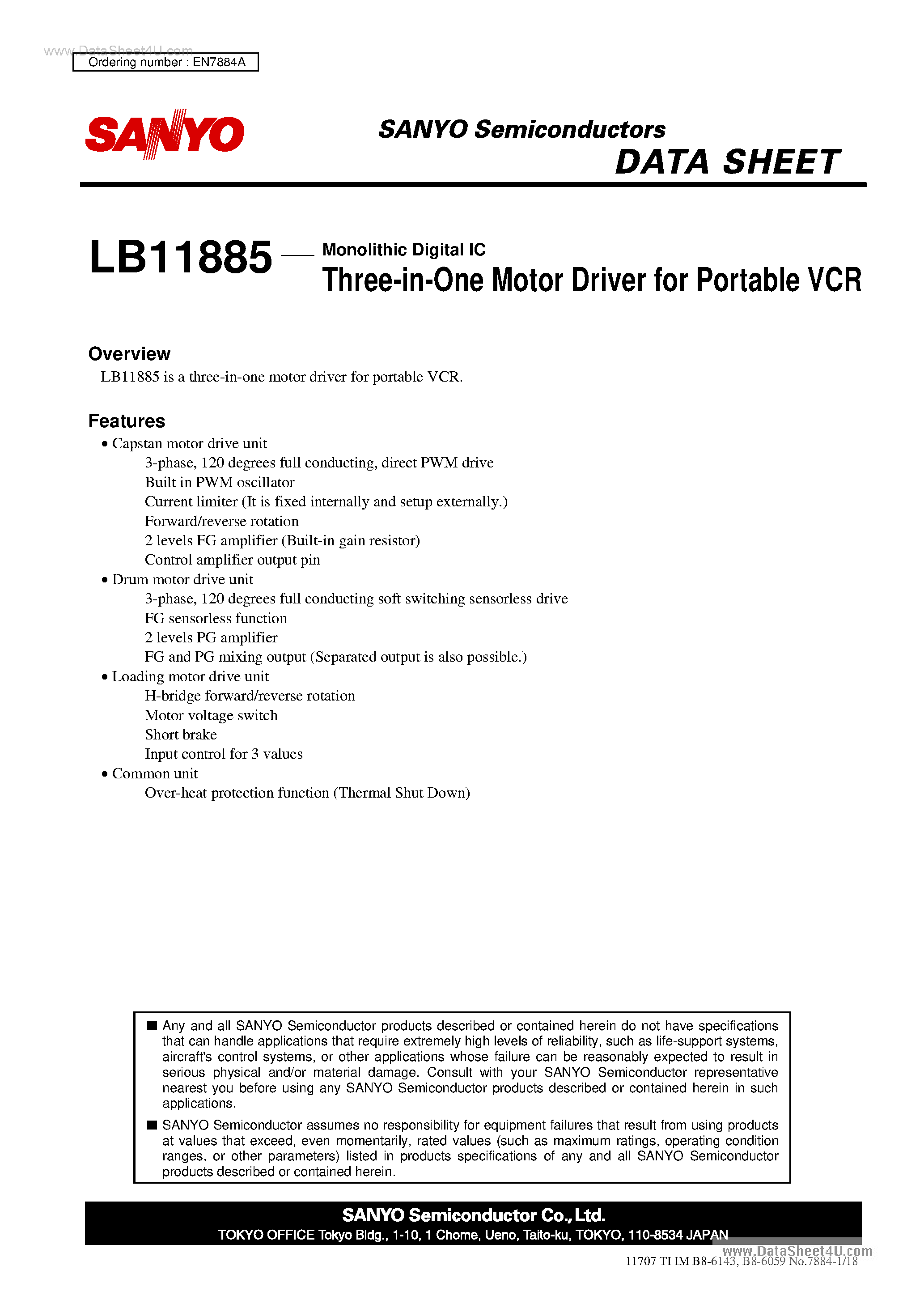 Datasheet LB11885 - 3-in-1 Motor Driver page 1
