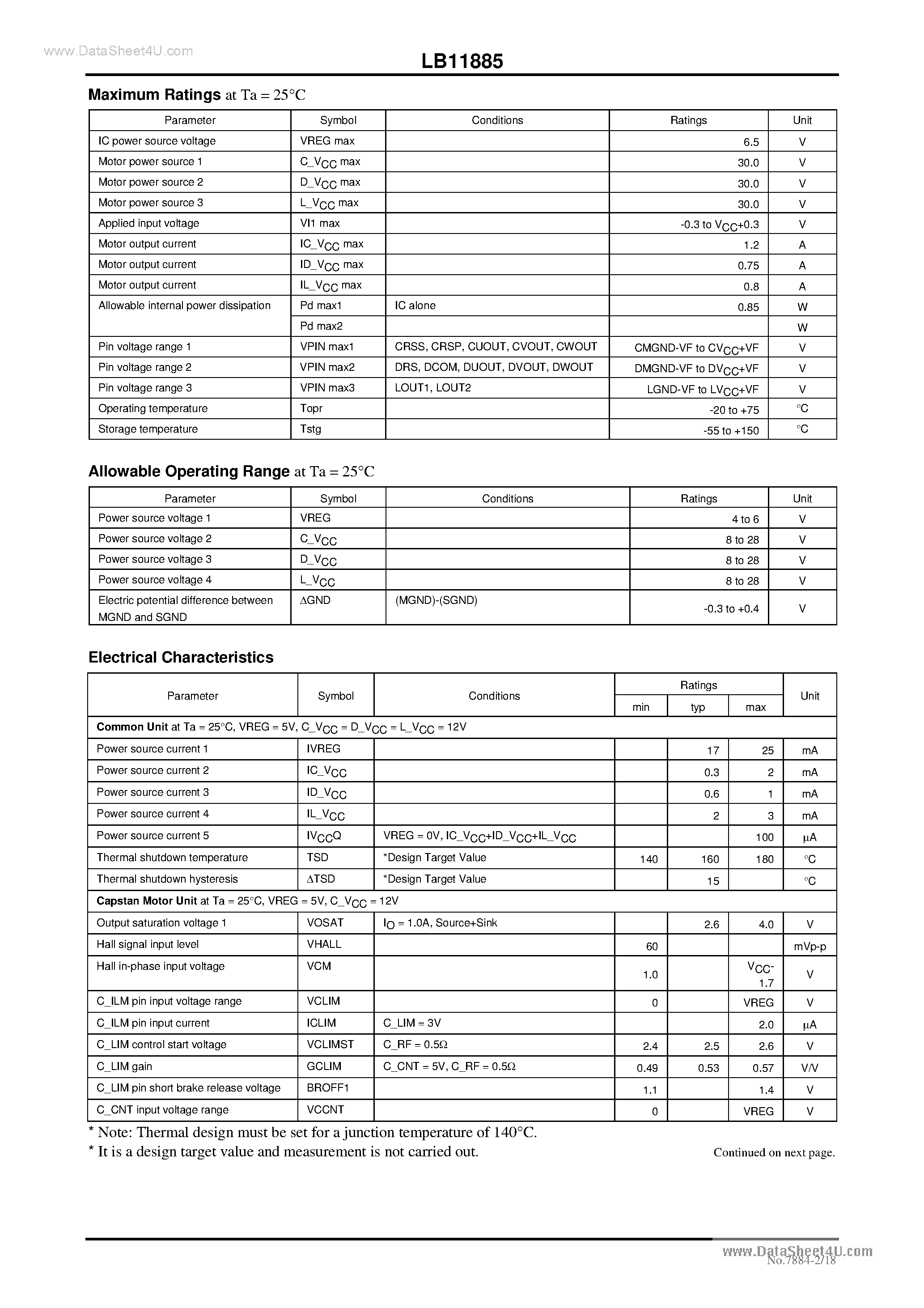 Datasheet LB11885 - 3-in-1 Motor Driver page 2
