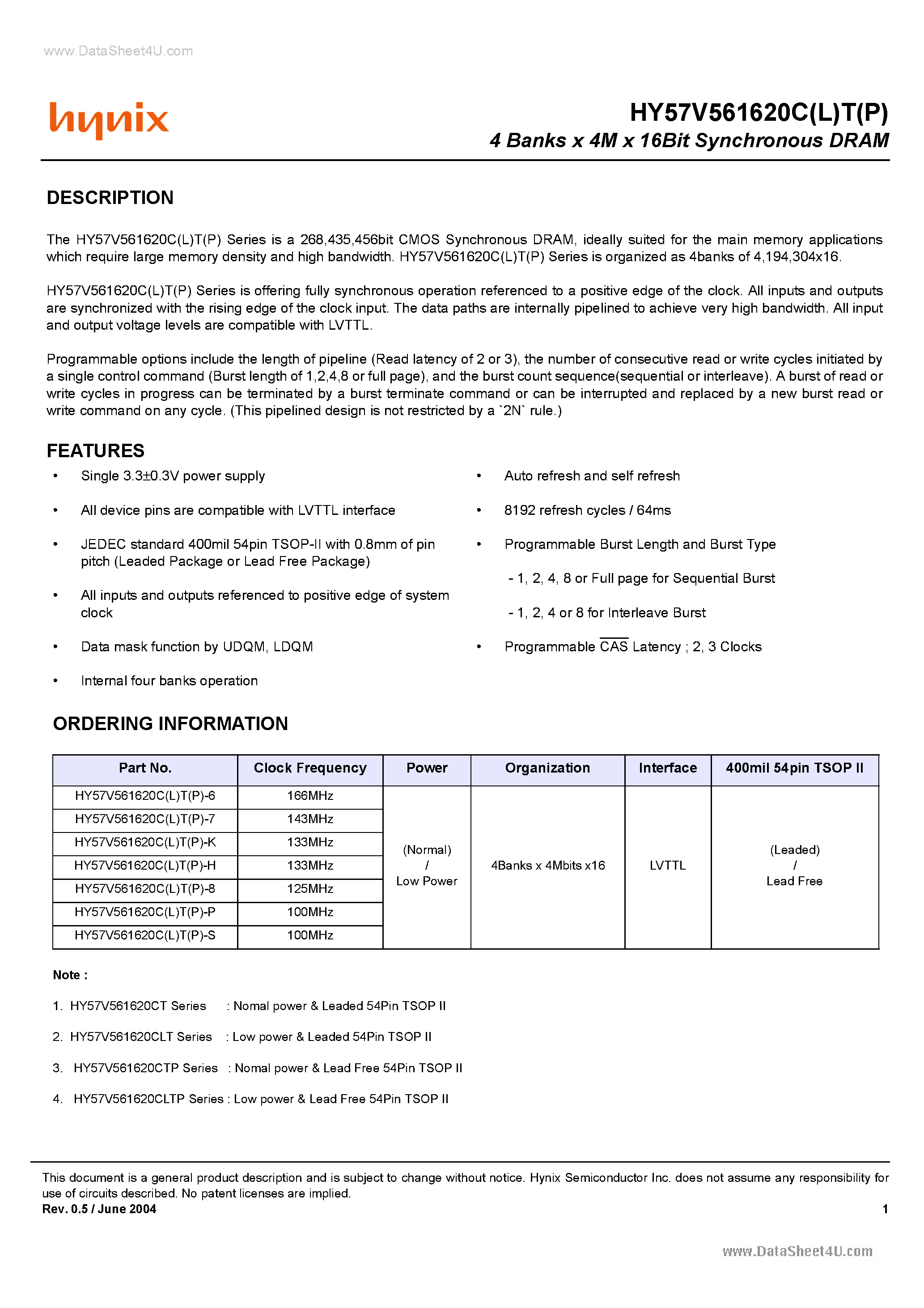 Datasheet HY57V561620CLT - 4 Banks x 4M x 16Bit Synchronous DRAM page 1