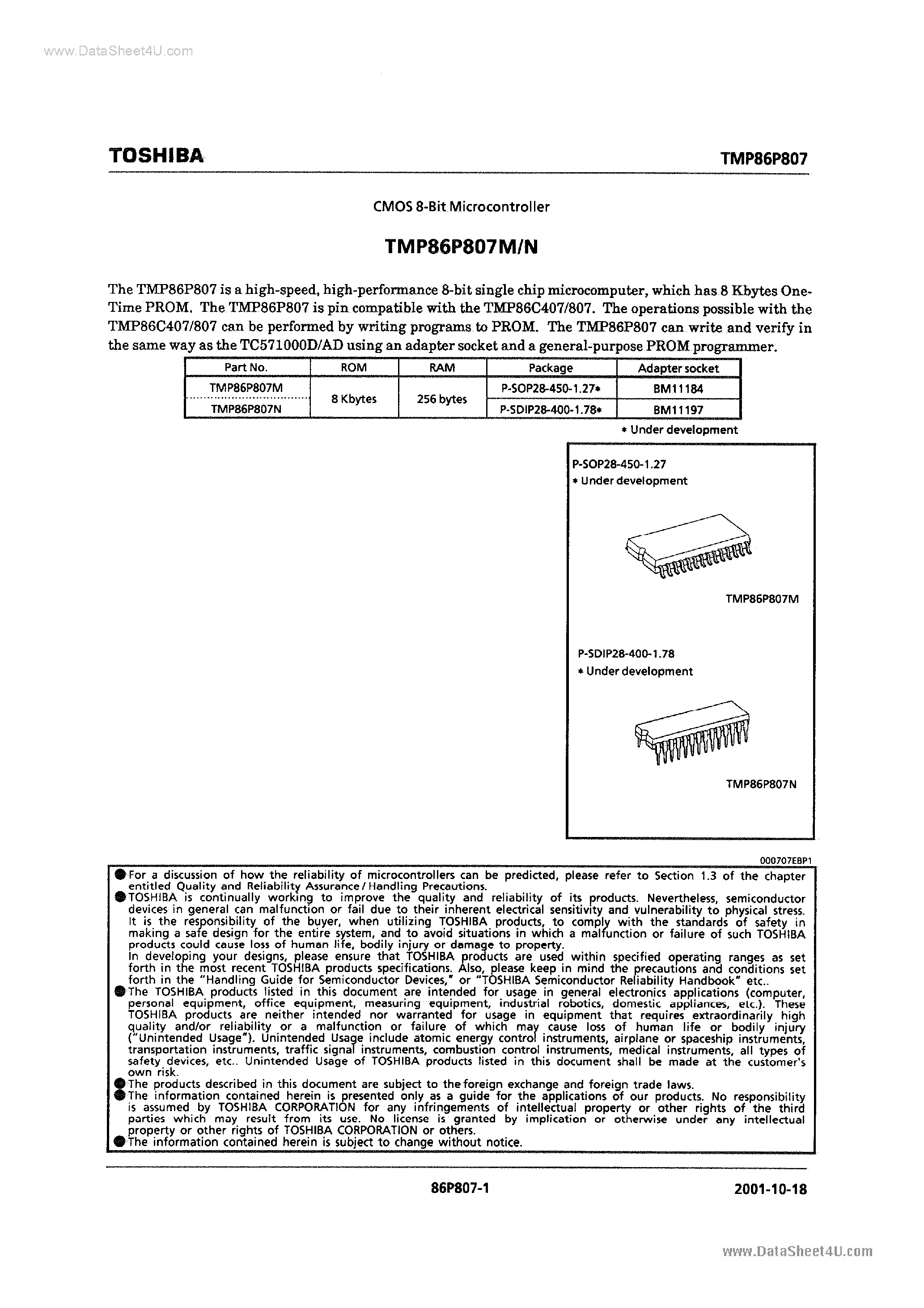Datasheet TMP86P807M - CMOS 8-Bit Microcontroller page 1