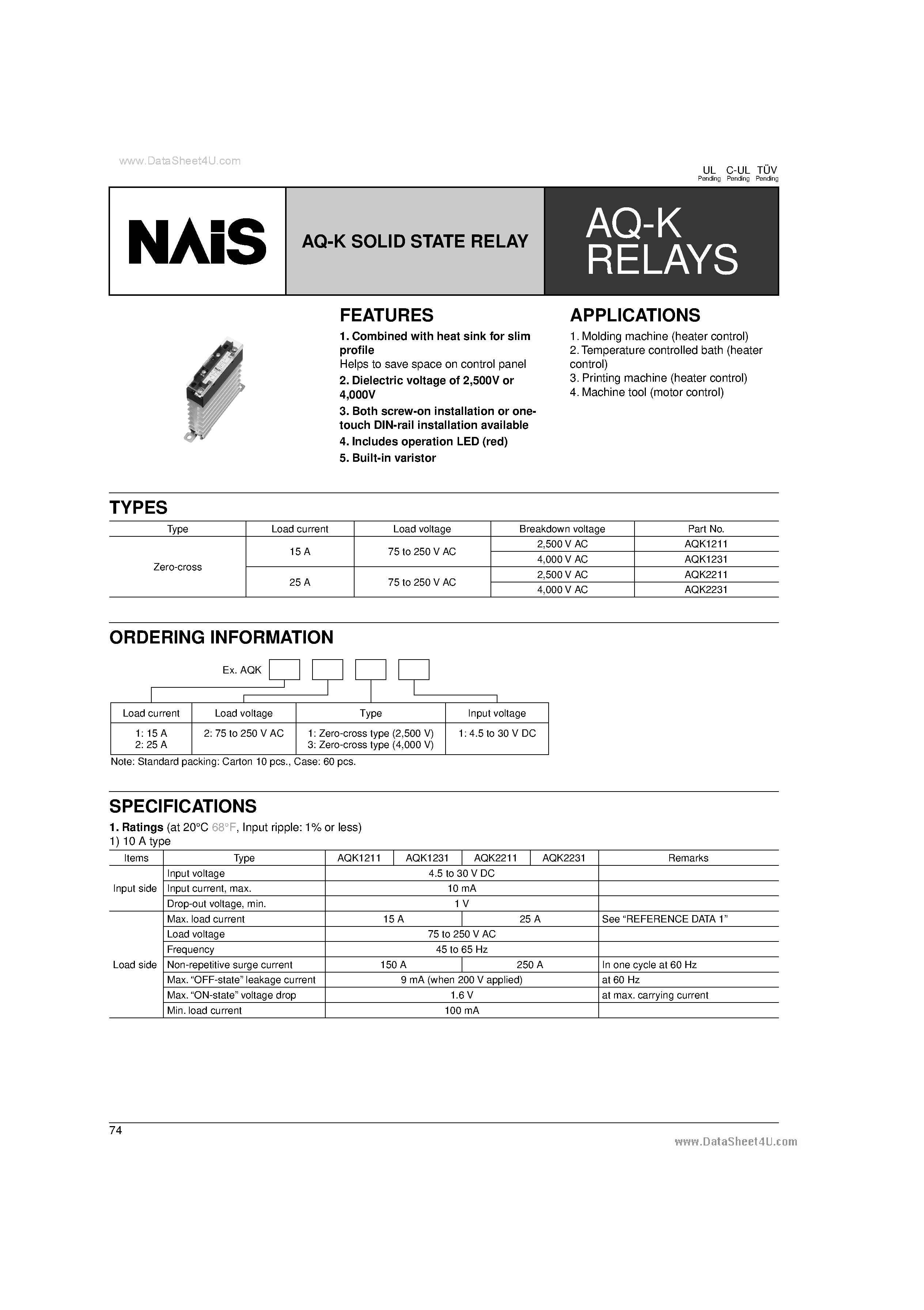 Даташит AQK1211 - (AQKx2x1) Solid State Relay страница 1