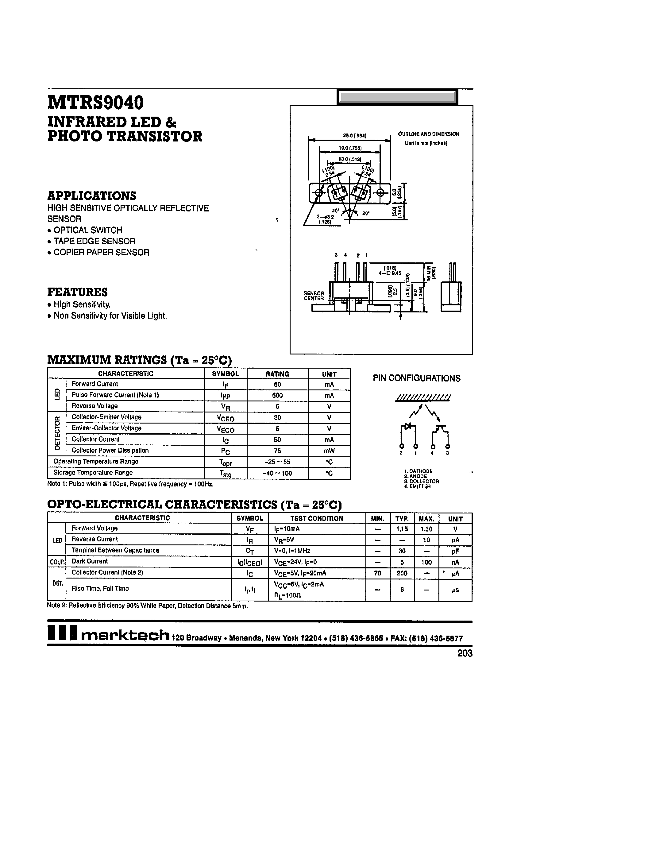 Datasheet MTRS9040 page 1 Datasheet MTRS9040 - Reflective Switch page 1