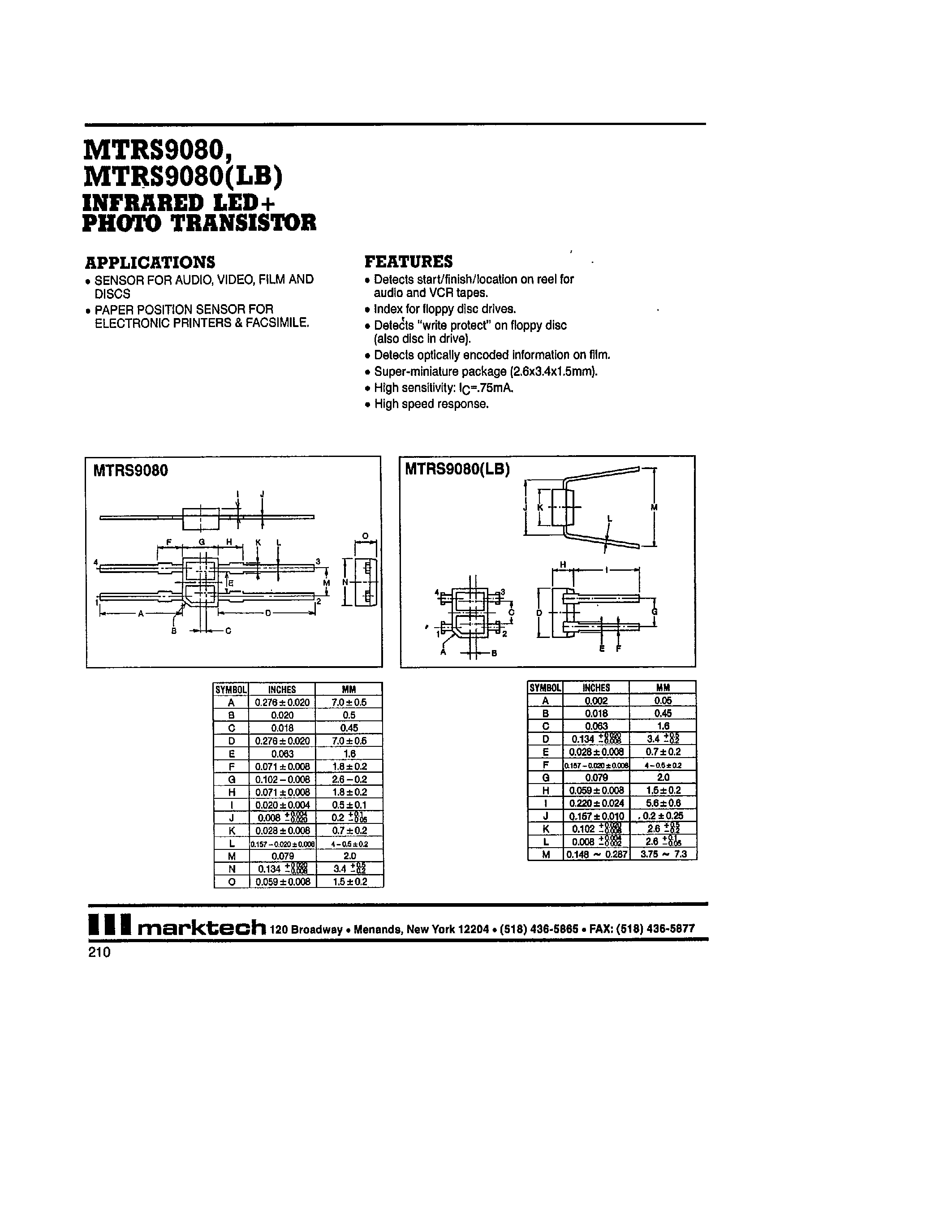 Datasheet MTRS9080 - Reflective Switch page 1