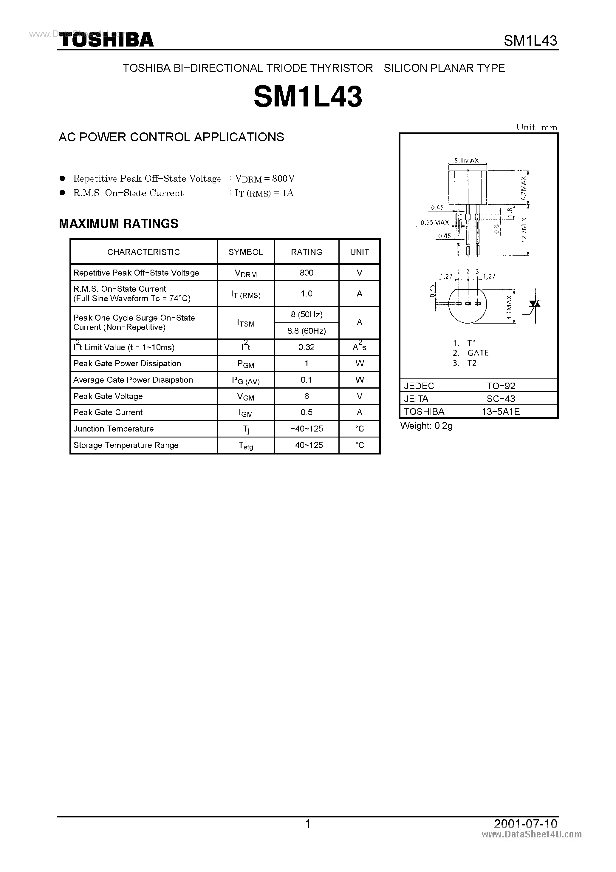 Даташит SM1L43 - AC POWER CONTROL APPLICATIONS страница 1