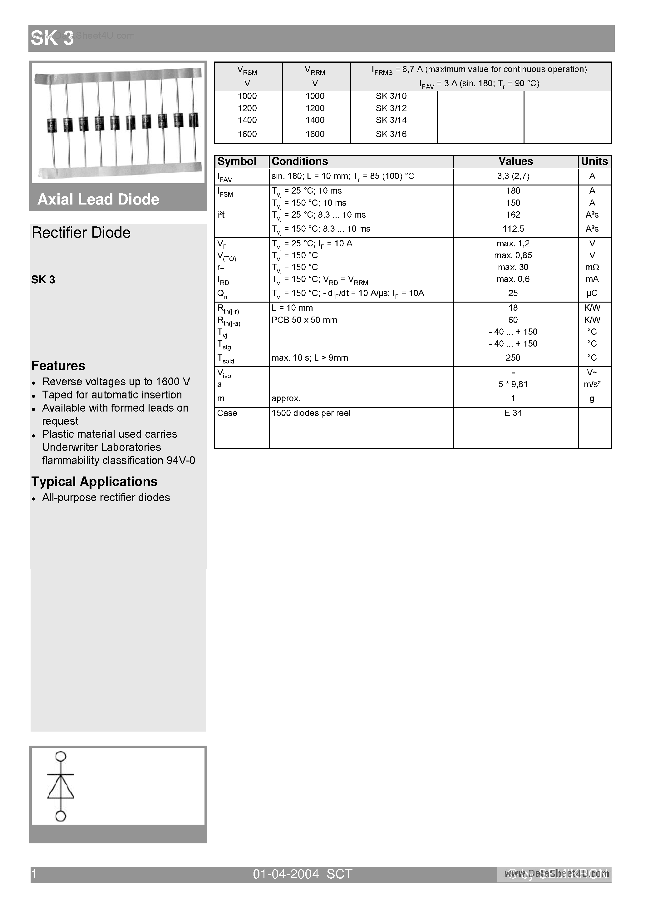 Datasheet SK3/10 - Rectifier Diode page 1