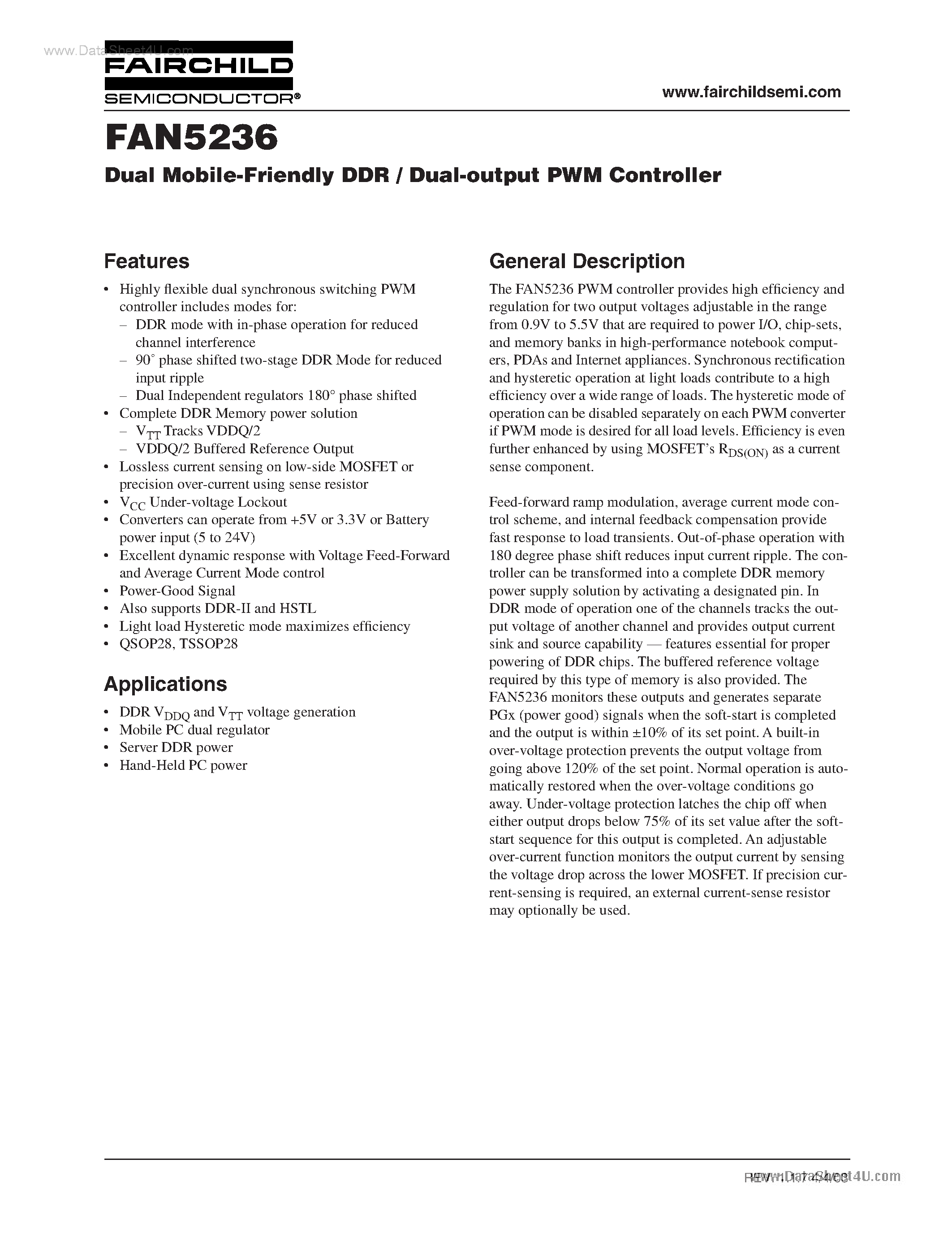 Datasheet 5236QSCX page 1 Datasheet 5236QSCX - Search -----> FAN5236QSCX page 1