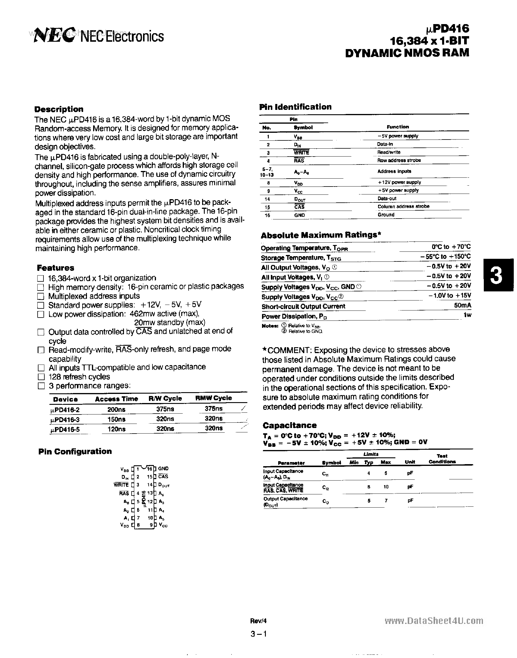 Datasheet D416C - 16384 X 1-Bit Dynamic NMOS RAM page 1