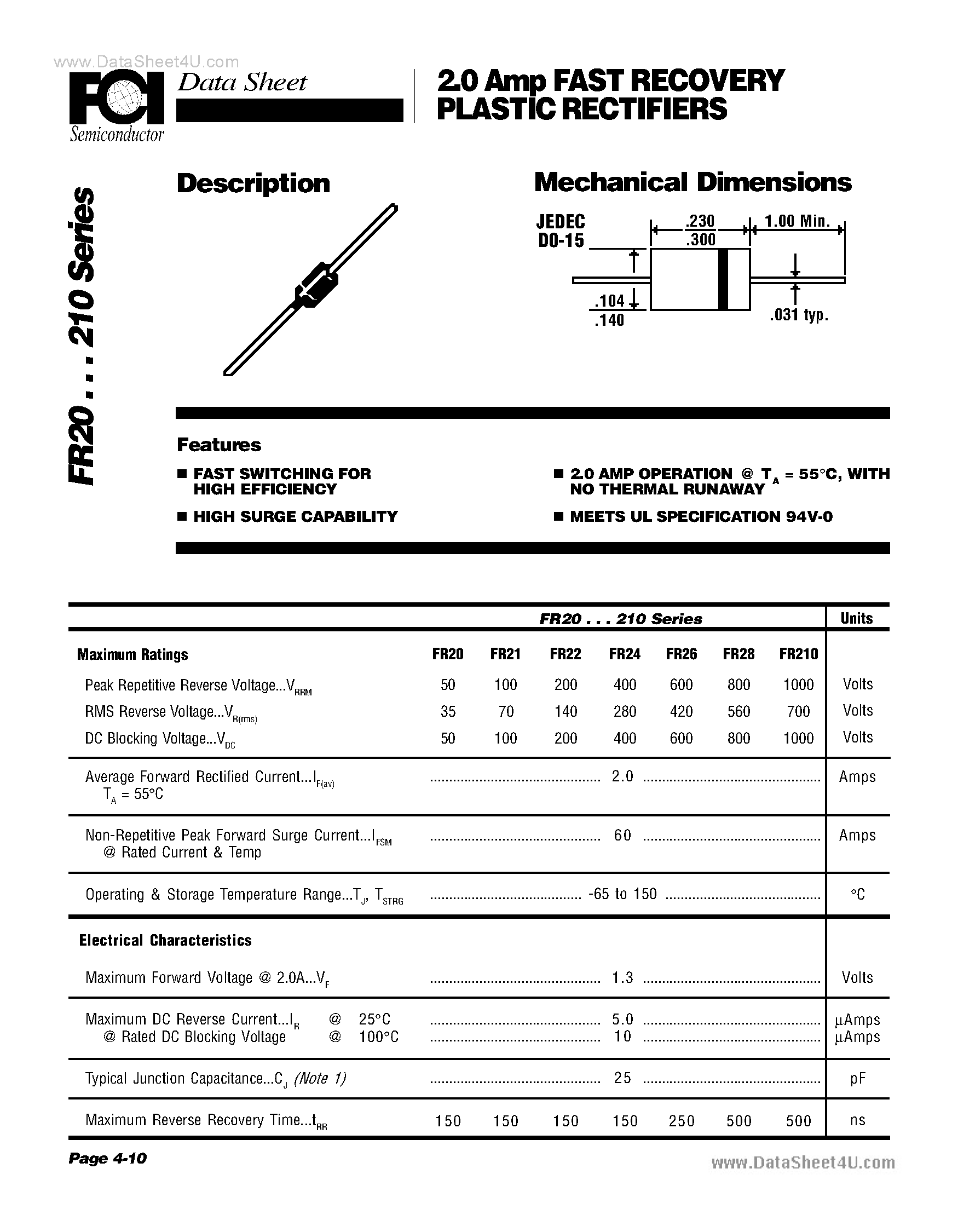 Datasheet FR20 page 1 Datasheet FR20 - (FR2x) Fast Efficient Rectifiers page 1