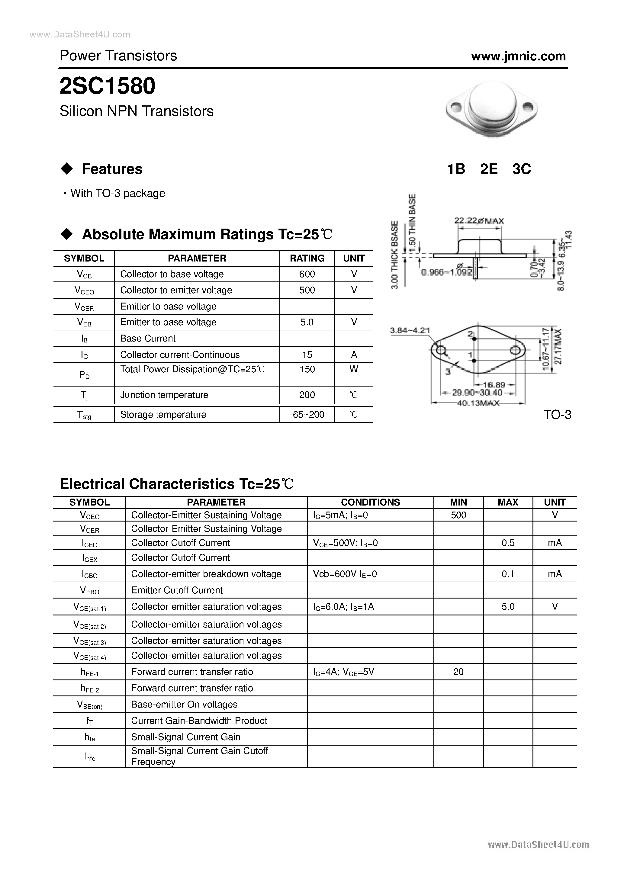 Datasheet 2SC1580 - Silicon NPN Transistor page 1