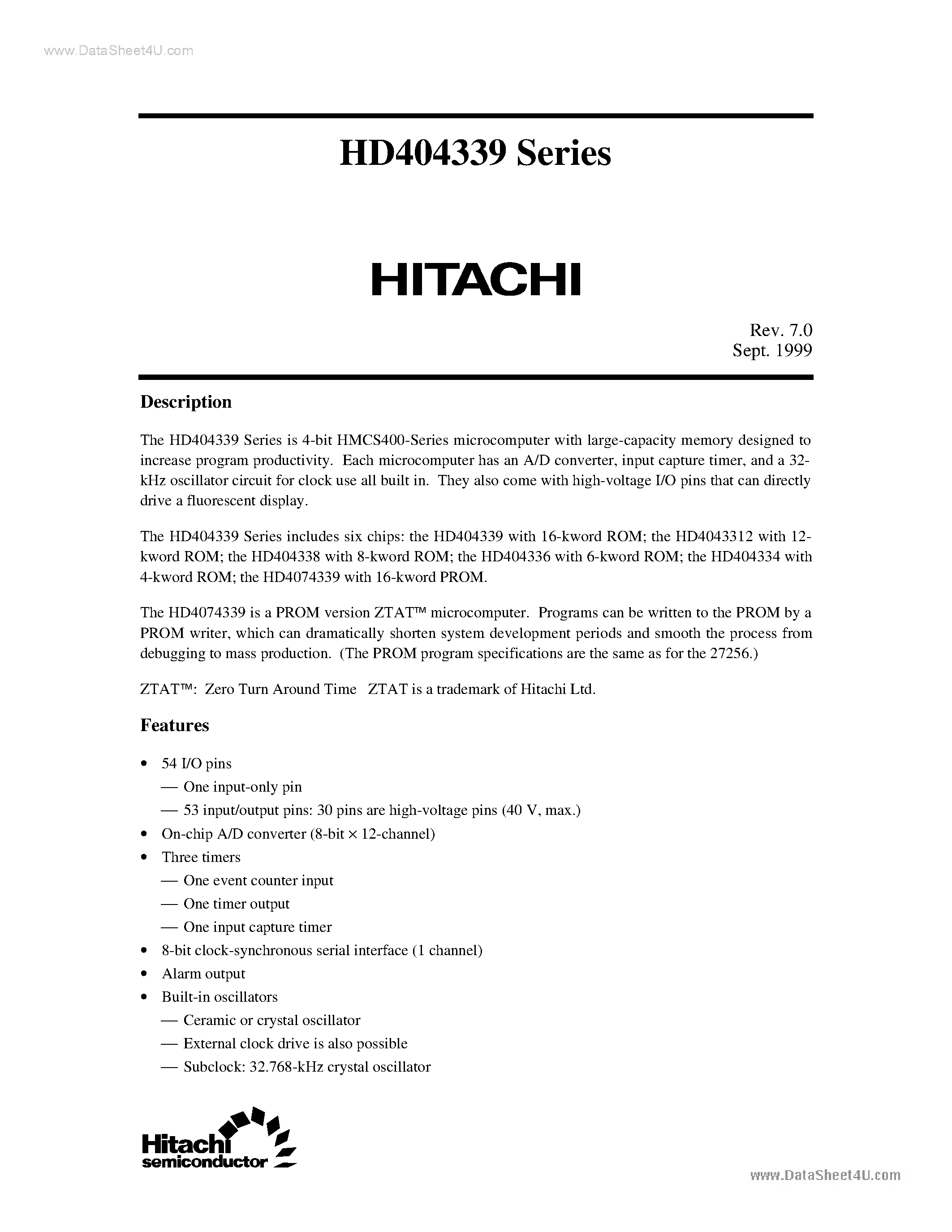 Datasheet HD4043312 page 1 Datasheet HD4043312 - (HD404339 Series) 4-bit HMCS400-Series microcomputer page 1