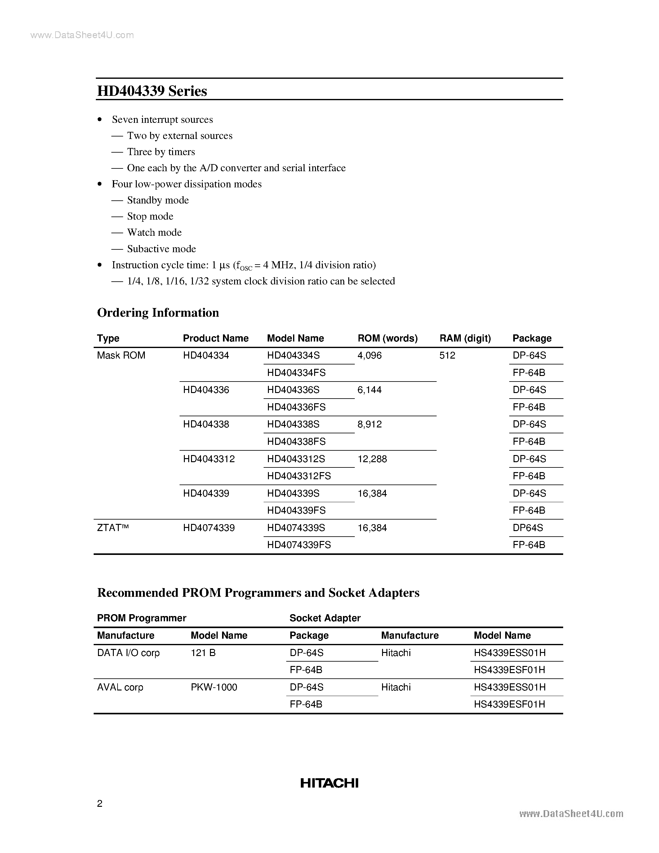 Datasheet HD4043312 page 2 Datasheet HD4043312 - (HD404339 Series) 4-bit HMCS400-Series microcomputer page 2