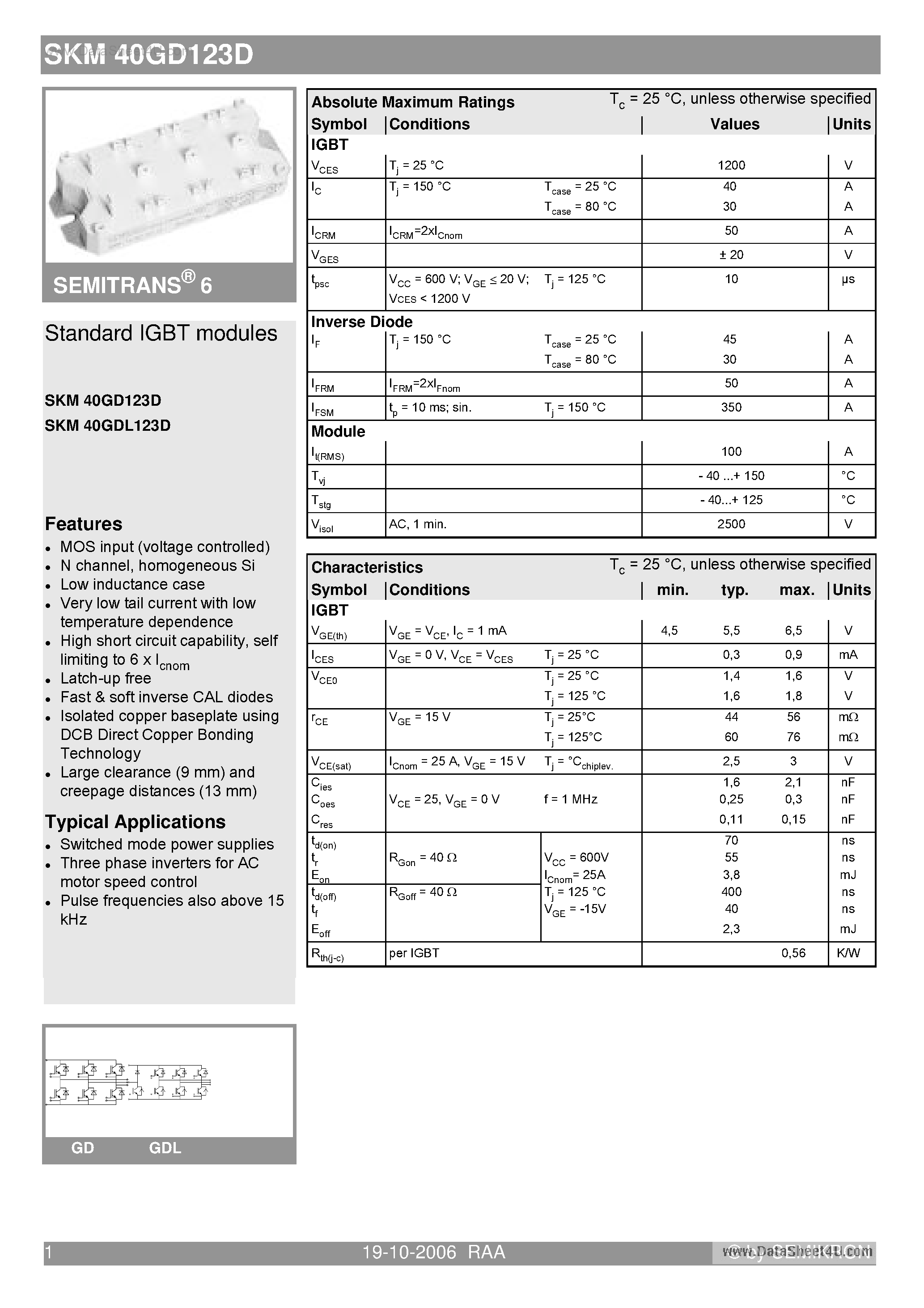 Даташит на микросхему SKM40GD123D страница 1 Даташит SKM40GD123D - Standard IGBT modules страница 1